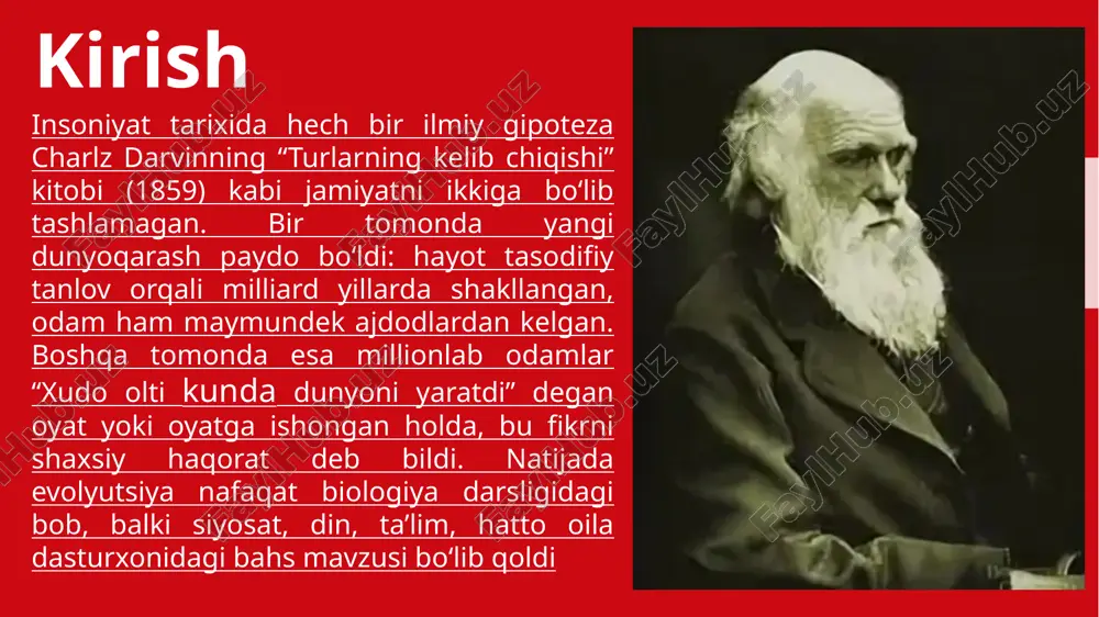 chop etildi va bir kunda 1250 nusxa sotildi. kitob olti bobdan iborat bo‘lib, har bir bobda nazariyaning bir jihati ochib beriladi. birinchi bobda sun’iy tanlanish misollari keltiriladi: kabutar zotlari, qoramol nasllari. darvin shu orqali tabiiy tanlanishni tushuntiradi.ikkinchi bobda turning ta’rifi muhokama qilinadi. darvin “turning chegarasi xiralashgan” deydi. charlz darvinning evolyutsion nazariyasi hayotning eng muhim qonuniyatini ochdi 12 tiriklik doimiy o‘zgarish va moslashuv jarayonidir. tabiiy tanlanish, irsiy o‘zgaruvchanlik va uzoq vaqt davomida kichik o‘zgarishlarning jamlanishi orqali yangi turlar paydo bo‘ladi. bu nazariya nafaqat biologiyani, balki falsafa, din, jamiyat haqidagi fikrlashni ham o‘zgartirdi. bugungi kunda dnk tahlillari, fosillar, sun’iy intellekt yordamida o‘rganilgan evolyutsiya daraxti darvinning haqligini yana bir bor tasdiqlaydi. uning “turlarning kelib chiqishi” asari nafaqat kitob, balki insoniyatning o‘zini anglash yo‘lidagi eng katta qadamdir. bu kitobni o‘qigan har bir inson tabiatga boshqacha qaraydi: u endi tasodiflar emas, qonuniyatlar makoni ekanini tushunadi. germaniyalik olim ernst hekkel esa evolyutsiyani rivojlanish biologiyasi bilan bog‘ladi. …