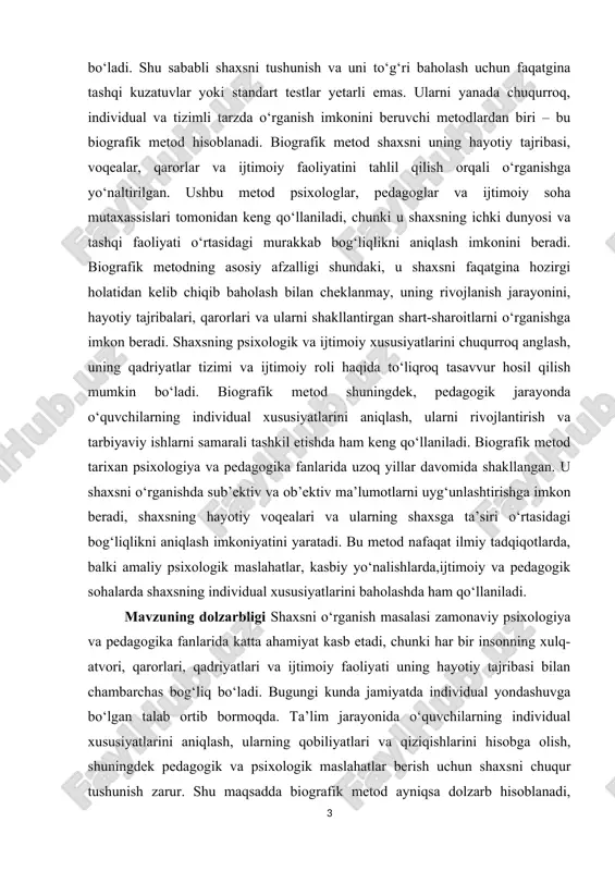 shakllantirish, o‘quvchilar va talabalarni ijtimoiy va kasbiy hayotga tayyorlash masalalari kun tartibida turibdi. bugungi kunda shaxsni o‘rganish, xususan biografik metod orqali, nafaqat ta’lim va tarbiya jarayonida, balki kasbiy va ijtimoiy sohalarda ham muhim ahamiyat kasb etadi. masalan, psixologik maslahat berishda shaxsning hayotiy voqealarini, qarorlarini va tajribalarini hisobga olish, ularning ruhiy va ijtimoiy rivojlanishini to‘liqroq baholash imkonini beradi. shuningdek, biografik metod yordamida jamiyatdagi turli ijtimoiy guruhlarning xulq-atvori, qadriyat tizimi va rivojlanish yo‘nalishlarini o‘rganish mumkin, bu esa ilmiy tadqiqotlar va amaliy ishlar uchun muhim manba hisoblanadi. kurs ishining ahamiyati shaxsni o‘rganishning biografik metodining ahamiyati nafaqat nazariy, balki amaliy jihatlarda ham katta. nazariy nuqtai nazardan, bu metod shaxsni individual, kompleks va tizimli tarzda o‘rganish imkonini beradi, uning ichki dunyosi, qadriyatlar tizimi, hayotiy qarorlari va tajribalarini chuqurroq tushunishga yordam beradi. biografik metod shaxsning ijtimoiy va psixologik xususiyatlarini aniqlashda, uning rivojlanish jarayonini kuzatishda muhim vosita hisoblanadi. metod ilmiy tadqiqotlarda shaxsning hayotiy voqealari va ularning shaxsga …