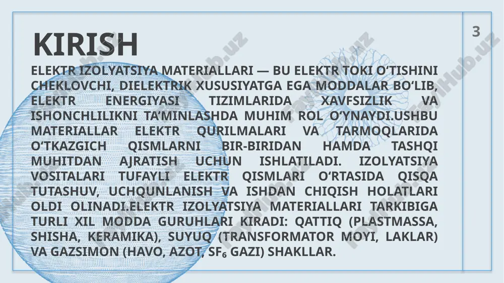 kon beradi. elektr mashinalaridan tortib, transformatorlar, kabellar, elektron qurilmalar va hatto qurilish inshootlarigacha bo‘lgan sohalarda izolyatsiya materiallari nafaqat energiya yo‘qotishlarini minimallashtiradi, balki xavfsizlik darajasini ham oshiradi. 10 10 11 elektr mashinalari (dvigatellar, generatorlar) izolyatsiyasida elektr mashinalari, xususan, dvigatellar va generatorlar ishlab chiqarishida izolyatsiya materiallari markaziy o‘rin tutadi, chunki ular stator va rotor o‘ramlari orasidagi elektr maydonning xavfsiz taqsimlanishini ta’minlaydi. dvigatellar va generatorlar yuqori tezlikda ishlaydigan mexanik qismlar bo‘lib, bu yerda izolyatsiya nafaqat elektr oqimini izolyatsiya qiladi, balki issiqlik va tebranishlarga ham chidamli bo‘lishi kerak. 12 transformator va kabellar ishlab chiqarishda transformatorlar va kabellar ishlab chiqarishida izolyatsiya materiallari energiya uzatish tizimlarining asosiy komponenti hisoblanadi, chunki ular yuqori kuchlanishli oqimlarni xavfsiz izolyatsiya qiladi va energiya yo‘qotishlarini minimallashtiradi. transformatorlarda izolyatsiya asosan sellyuloza asosidagi materiallar – qog‘oz va pressboarddan iborat bo‘lib, ular nomex yoki denison kabi maxsus turlari namlik va issiqlikka chidamli. 13 elektronika va mikrotexnika sohalarida elektronika va mikrotexnika sohalarida izolyatsiya materiallari miniatyura …