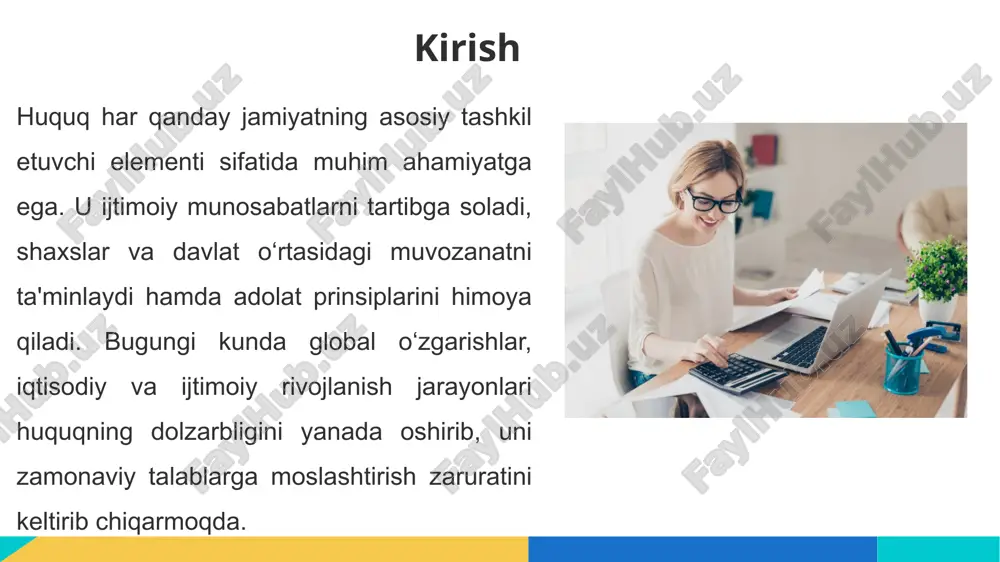 ikni mustahkamlashga xizmat qiladi, chunki fuqarolar o‘z huquqlari va majburiyatlarini bilish orqali qonunbuzarliklardan saqlanadilar. huquqning jamiyat taraqqiyotidagi rolini yanada oshirish uchun quyidagi choralar muhim hisoblanadi qonunlarning shaffofligi va adolatliligini ta’minlash sud tizimining mustaqilligini mustahkamlash huquqiy ta’limni kengaytirish korrupsiyaga qarshi kurash huquqning turlari huquq (qonun) jamiyatdagi munosabatlarni tartibga soluvchi tizim bo'lib, u turli sohalarga bo'linadi. huquqning asosiy turlari odatda ikki katta guruhga ajratiladi: umumiy huquq (davlat va shaxslar o'rtasidagi munosabatlar) va xususiy huquq (shaxslar o'rtasidagi munosabatlar). huquq turi tavsif asosiy sohalari va misollar konstitutsiyaviy huquq davlatning asosiy qonunlari va inson huquqlarini belgilaydi. o'zbekiston konstitutsiyasiga asoslanadi. davlat tuzilishi, fuqarolar huquqlari, saylovlar. misol: prezidentlik instituti. ma'muriy huquq davlat organlari va fuqarolar o'rtasidagi munosabatlarni tartibga soladi. davlat idoralari faoliyati, litsenziyalar, soliqlar. misol: ma'muriy jarimalar. jinoyat huquqi jinoyatlar va ularning jazolari bilan bog'liq. jinoyatlar tasnifi, jazolar turlari. misol: o'g'irlik yoki qotillik uchun jazo. fuqarolik huquqi shaxslar va tashkilotlar o'rtasidagi mulkiy va shaxsiy munosabatlarni himoya qiladi. …