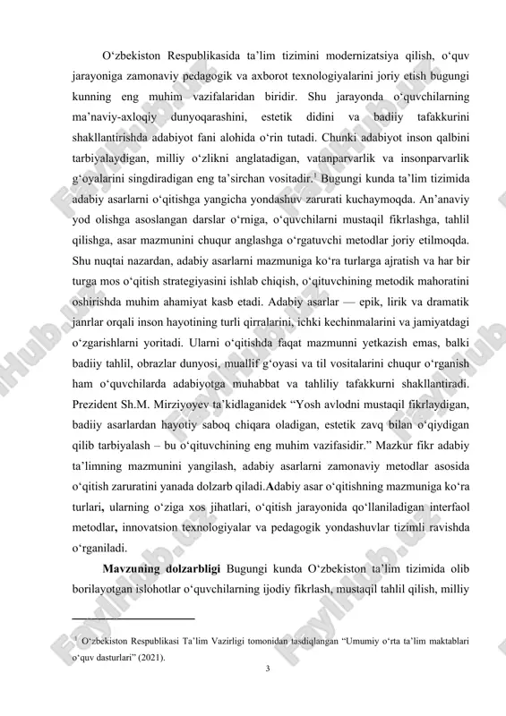 adabiy ta’limni yangilash, o‘quvchilarni faollikka, fikrlashga, asar mohiyatini anglashga undaydi. shu boisdan, adabiy asar o‘qitishning mazmuniga ko‘ra turlarini o‘rganish, ularning o‘ziga xos jihatlarini tahlil qilish, zamonaviy pedagogik yondashuvlar bilan boyitish — bugungi ta’lim jarayoni uchun dolzarb masala hisoblanadi. kurs ishining ahamiyati adabiy asarlarni o‘qitish jarayoni o‘quvchilarda nafaqat bilimni, balki badiiy tafakkur, estetik did va ma’naviy-axloqiy qarashlarni shakllantirishda beqiyos ahamiyatga ega. adabiyot inson qalbiga bevosita ta’sir etadigan, uni tarbiyalaydigan, jamiyatdagi voqelikni estetik idrok qilishga o‘rgatadigan san’at turi sifatida ta’lim tizimining muhim tarkibiy qismi hisoblanadi. adabiy asarlar orqali o‘quvchilar inson hayoti, uning ichki kechinmalari, axloqiy tanlovlari va ijtimoiy muhitdagi o‘zgarishlar bilan tanishadi. shu bois, adabiy asarlarni o‘qitish jarayonini ilmiy asosda tashkil etish, ularni mazmuniga ko‘ra turlarga ajratib o‘rganish bugungi ta’lim jarayonida muhim ahamiyat kasb etadi. har bir adabiy janr – epik, lirik yoki dramatik asar – o‘zining mazmuni, ifoda uslubi, tahlil shakli bilan ajralib turadi. epik asar voqeaviylik, obrazlar tizimi va g‘oya …