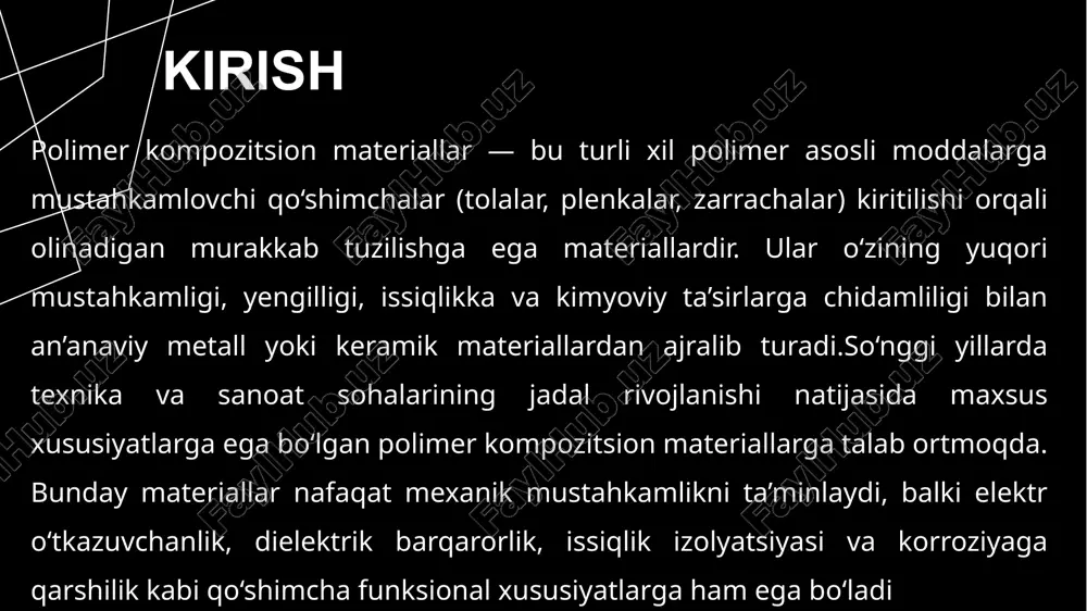 alar (uglerod qora, uglerod nanotrubkalar, metall kukunlari yoki grafen) qo'shilishi orqali hosil qilinadi. elektr o'tkazuvchanlik yuzaki qarshilik 10^0 dan 10^12 ohm/sq gacha bo'lgan diapazonda sozlanadi 11 11 yengil, yuqori mustahkamlikka ega kompozitlar yengil va yuqori mustahkamlikka ega kompozitlar kuch-quvvat va og'irlik nisbati bo'yicha eng yaxshi ko'rsatkichlarga ega bo'lgan materiallar bo'lib, ular uglerod tolali polimerlar (cfrp) yoki shisha tolali epoksilar asosida tuziladi. bu kompozitlarning zichligi 1.5-2 g/sm^3 ni tashkil etadi, lekin mustahkamligi po'latdan 5-10 baravar yuqori bo'ladi, bu esa kuchli mustahkamlovchi tolalar va qattiq matritsaning birikmasi natijasida sodir bo'ladi. tolalar yukni taqsimlab, mikrotreshinlarni oldini oladi, matritsa esa ularni bog'laydi. 12 12 maxsus kompozitlarning qo‘llanilish sohalari 13 maxsus kompozit materiallar, ikki yoki undan ortiq komponentlarning birikmasidan hosil bo‘lib, ularning individual xususiyatlaridan ustun bo‘lgan yangi sifatlarga ega bo‘lgan moddalar sifatida, zamonaviy sanoatning turli sohalarda keng qo‘llanilmoqda. ularning eng muhim afzalliklaridan biri yuqori mustahkamlik og‘irlik nisbati, korroziyaga chidamliligi, issiqlikka va mexanik yuklamalarga bardoshliligi hisoblanadi. …
