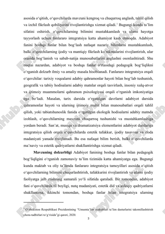 odisalarni turli burchakdan tahlil qiladi va muammolarni hal qilishga yo‘naltiriladi. adabiyot o‘qitishning boshqa fanlar bilan bog‘liqligini tadqiq etish pedagogik jarayonning samaradorligini oshirish, o‘quvchilarda kompleks bilim va ko‘nikmalarni rivojlantirish, hamda zamonaviy ta’lim talablari asosida faoliyat yuritishga yordam beruvchi dolzarb masala sifatida ahamiyatga ega. kurs ishining ahamiyati adabiyot fanining boshqa fanlar bilan pedagogik bog‘liqligi o‘quvchilarning bilim va ko‘nikmalarini rivojlantirishda, ularning shaxsiy va ijtimoiy rivojlanishida katta ahamiyatga ega. fanlararo integratsiya o‘quvchilarga mavzuni kengroq va tizimli tushunish, fanlar o‘rtasidagi bog‘liqlikni anglash, fikrlash va ijodiy faoliyat ko‘nikmalarini shakllantirish imkonini beradi. adabiyot va boshqa fanlar o‘rtasidagi pedagogik bog‘liqlik til va nutq madaniyatini rivojlantirishga xizmat qiladi. ona tili va adabiyot fanidagi lug‘at boyligi va ifoda vositalarini tarix, tabiatshunoslik, ijtimoiy fanlar kabi boshqa fanlarda qo‘llash orqali o‘quvchilar o‘z fikrlarini aniq va ravon yetkazishni o‘rganadilar. fanlararo integratsiya o‘quvchilarning analitik va tanqidiy tafakkurini rivojlantirishga imkon yaratadi. tarixiy yoki ekologik mavzularni adabiy matnlar bilan bog‘lash orqali ular hodisalarni kontekstual tarzda tahlil …