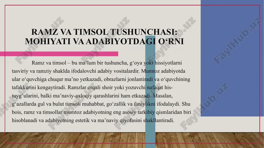imsollar falsafiy va axloqiy ma’noni ham o‘zida jamlaydi, bu esa mumtoz adabiyotning boy estetik va ma’naviy qatlamini yaratadi. doston va qissa janrida timsollar va ularning funksiyasi doston va qissalarda timsollar qahramonlarning xarakterini, ularning maqsad va niyatlarini ifodalashda muhimdir. masalan, sher jasorat, burgut esa ezgu maqsadlarni bildiradi. timsollar voqealarni dramatik qiladi, ularni esda qolarli va ta’sirli qiladi. shu bilan birga, timsollar orqali yozuvchilar axloqiy saboqlarni, ijobiy fazilatlarni o‘quvchiga yetkazadi. bu janrlardagi ramz va timsollar mumtoz adabiyotning janriy boyligini va ijodiy imkoniyatlarini namoyon etadi. ramz va timsol tushunchasi, ularning mumtoz adabiyotdagi roli ramz va timsollar mumtoz adabiyotning ajralmas qismi bo‘lib, ular yordamida yozuvchi yoki shoir his-tuyg‘ularni, falsafiy va ma’naviy g‘oyalarni ifodalaydi. har bir ramz yoki timsol o‘ziga xos ma’no va funksiyaga ega bo‘lib, o‘quvchida turli hissiy va tafakkur reaksiyalarini uyg‘otadi. mumtoz adabiyotda ramzlar orqali abstrakt tushunchalar – sevgi, jasorat, adolat yoki go‘zallik kabi g‘oyalar – yanada teran va ta’sirli tarzda yetkaziladi. shu …