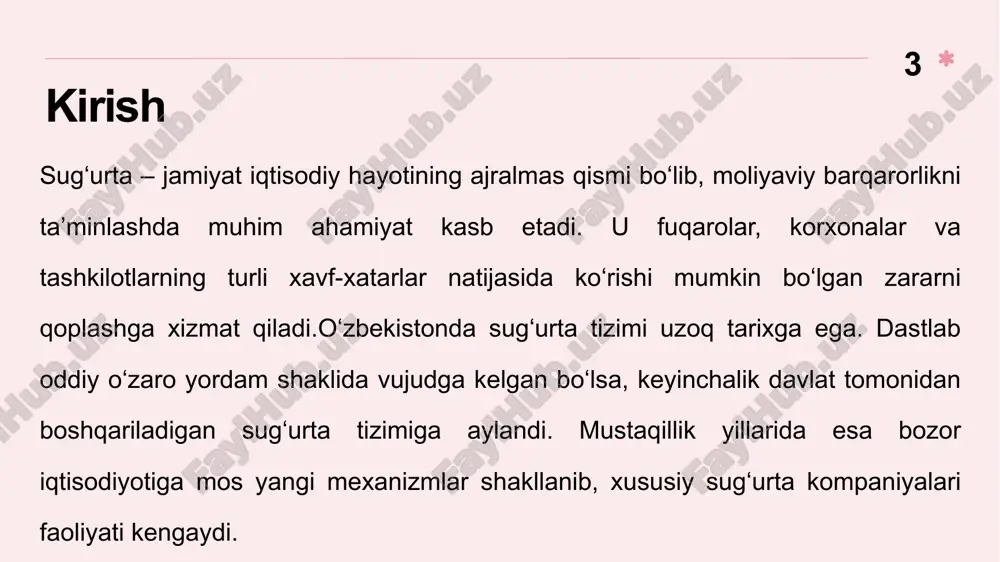 rallashtirish jarayonlari davlat va xususiy sug‘urta kompaniyalarining faoliyati zamonaviy sug‘urta tizimining shakllanishi 12 zamonaviy sug‘urta tizimi iqtisodiyotning murakkab va o‘zgaruvchan sharoitlarida shakllanib, jamiyatning risklarni boshqarish va moliyaviy barqarorlikni ta’minlashdagi asosiy mexanizmi sifatida o‘z o‘rnini mustahkamladi. xx asrning ikkinchi yarmidan boshlab boshlangan bu jarayon xxi asrning birinchi ikki o‘n yilligida texnologik inqilob va globalizatsiya ta’sirida yangi bosqichga ko‘tarildi. sug‘urta tizimi nafaqat an’anaviy mulk va hayotni himoya qilish bilan cheklanib qolmadi, balki ijtimoiy-iqtisodiy o‘sishning katalizatori sifatida yangi imkoniyatlar ochdi. 12 13 2010-yillardan keyingi raqamli sug‘urta xizmatlari 14 2010-yillarning boshidan boshlab sug‘urta sohasida raqamli transformatsiya keskin sur’at oldi, bu jarayonni insurtech (insurance technology) deb ataluvchi yangi paradigma boshqardi. ushbu davrda smartfonlarning keng tarqalishi, bulutli hisoblash va sun’iy intellekt (ai) texnologiyalarining rivojlanishi sug‘urta xizmatlarini an’anaviy ofis va qog‘oz asosidagi tizimdan onlayn platformalarga o‘tkazdi. 14 sug‘urta turlarining kengayishi (hayot, sog‘liq, transport, mol-mulk va boshqalar) 15 sug‘urta turlarining kengayishi zamonaviy tizimning eng muhim xususiyatlaridan biri bo‘lib, …