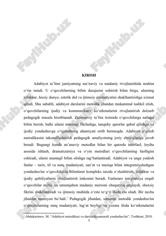 lashtiradi, ularni mustaqil fikrlashga, ijodiy qarorlar qabul qilishga o‘rgatadi. adabiyot oʻqitish metodikasini takomillashtirish va unga yodosh fanlar bilan integratsiyalashgan darslarni ishlab chiqish pedagogik amaliyot uchun dolzarb masala hisoblanadi. milliy ma’naviyatni mustahkamlash va o‘quvchilarda madaniy qadriyatlarni shakllantirish jarayonida adabiyotning o‘rni ortib bormoqda. adabiyot oʻqitish metodikasini yangilash, zamonaviy ta’lim texnologiyalari va fanlararo yondashuvlarni qo‘llash nafaqat ilmiy, balki amaliy nuqtai nazardan ham dolzarb hisoblanadi. kurs ishining ahamiyati adabiyot oʻqitish metodikasi va unga yodosh fanlar bilan integratsiya jarayoni pedagogika va ta’lim sifatini oshirishda muhim ahamiyatga ega. avvalo, bu mavzu o‘quvchilarning shaxsiy va ijtimoiy rivojlanishida markaziy o‘rin tutadi. adabiyot darslarida samarali metodik yondashuvlarni qo‘llash o‘quvchilarning nutq madaniyati, lug‘at boyligi, tafakkur va ijodiy fikrlash ko‘nikmalarini shakllantirishga xizmat qiladi. shu bilan birga, metodik jihatdan to‘g‘ri tashkil etilgan darslar o‘quvchilarda mustaqil fikrlash, tahlil qilish va muammolarni hal etish qobiliyatini rivojlantiradi. adabiyot oʻqitishning ma’naviy va estetik ahamiyati ham katta. u o‘quvchilarda milliy va umumjahon madaniy merosni anglash, insoniy qadriyatlarni …