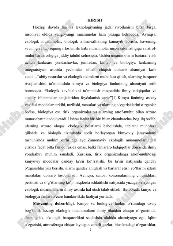 oʻzaro bogʻliqligi asoslari i.1. kimyo va biologiya fanlarining umumiy tushunchalari. kimyo va biologiya fanlarining umumiy maqsadlari bir-biriga yaqin boʻlib, tabiatni, hayot jarayonlarini va ularning oʻzaro aloqalarini chuqurroq tushunishni koʻzlaydi. kimyo, asosan, moddalar va ularning xossalarini oʻrganish bilan shugʻullanadi, biologiya esa hayotning barcha shakllarini va ularning oʻzaro aloqalarini tahlil qiladi. ushbu ikkala fan ham biologik tizimlarning ichki ishlashini, masalan, hujayra jarayonlari, genetik oʻzgarishlar, energiya almashinuvi kabi holatlarni kimyoviy va molekulyar nuqtai nazardan tushuntirishga harakat qiladi. bu fanlar, shuningdek, sogʻliqni saqlash, tibbiyot va biologik tadqiqotlar sohalarida juda katta ahamiyatga ega. kimyo farmatsevtika sanoatida, yaʼni dori-darmonlar ishlab chiqarish va ularning samaradorligini aniqlashda katta rol oʻynaydi, biologiya esa organizmlar va ularning fiziologiyasini tahlil qilishga yordam beradi. shu bilan birga, kimyo va biologiya oʻzaro bogʻlangan holda ekologik muammolarni, tabiatni saqlash va resurslardan samarali foydalanishni oʻrganish orqali atrof-muhitni saqlashga yordam beradi. biologiya hayotning kelib chiqishi, rivojlanishi va oʻzgarishlarini, kimyo esa bu jarayonlarni kimyoviy darajada tushuntiradi. oʻzaro …