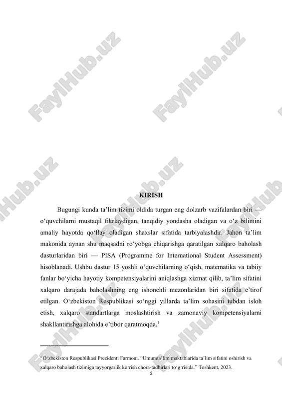 samarali vosita bo‘lib xizmat qiladi. adabiyot fanida pisa materiallaridan foydalanishning dolzarbligi shundaki, u ta’lim sifatini oshiradi, o‘quvchilarning matnni tushunish va tahlil qilish ko‘nikmalarini shakllantiradi, dars jarayonini interaktiv va natijaviy qiladi, shuningdek, o‘quvchilarning bilimini xalqaro ta’lim standartlari bilan solishtirish imkonini beradi. pisa materiallari o‘quvchilarning tanqidiy fikrlashini rivojlantirishga, matnning asosiy g‘oyasini ajratib ko‘rsatish va muallif fikrini baholash ko‘nikmalarini shakllantirishga yordam beradi, bilimlarni real hayotiy vaziyatlarda qo‘llash orqali ularning amaliy ko‘nikmalarini mustahkamlaydi. nazardan, adabiyot darslarida pisa xalqaro dasturi materiallaridan foydalanish mavzusi nafaqat ilmiy, balki amaliy jihatdan ham dolzarb bo‘lib, o‘quvchilarning zamonaviy kompetensiyalarini rivojlantirish va ta’lim sifatini oshirishga xizmat qiladi. kurs ishining ahamiyati adabiyot darslarida pisa xalqaro dasturi materiallaridan foydalanishning ahamiyati ko‘p qirrali bo‘lib, nafaqat o‘quvchilarning bilim darajasini oshirish, balki ularning tanqidiy fikrlash, matnni chuqur tushunish va amaliy ko‘nikmalarini rivojlantirishga xizmat qiladi. pisa materiallari o‘quvchilarga turli janr va mavzudagi matnlarni tahlil qilish, asosiy g‘oyani ajratib ko‘rsatish va muallif fikrini baholash imkonini beradi, bu esa …