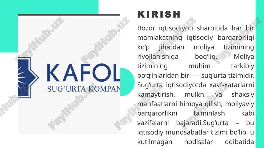 kab munosabatlarni tartibga solishdagi rolini belgilaydi. sug‘urtaning moliya tizimidagi o‘rni sug‘urta moliya tizimining muhim komponenti sifatida banklar, kapital bozori va pensiya tizimi bilan uzviy bog‘liq. sug‘urta bozorining shakllanishi va ishtirokchilari sug‘urta bozori iqtisodiyotning ochiqlashuvi va regulyatsiyasi natijasida shakllangan bo‘lib, uning evolyutsiyasi sanoat inqilobi davridan boshlanadi. sug‘urta kompaniyalarining iqtisodiy faoliyati sug‘urta kompaniyalarining iqtisodiy faoliyati premiya yig‘ish, investitsiya qilish va to‘lovlarni boshqarishdan iborat bo‘lib, ular iqtisodiyotning "qon tomirlari" sifatida ishlaydi. faoliyatning asosiy bosqichi premiya hisoblash bo‘lib, u aktuarlik modellarga asoslanadi va risk darajasiga qarab belgilanadi 11 masalan, avtomobil sug‘urtasida statistik ma’lumotlar (avariya chastotasi) premiyani shakllantiradi. investitsiya faoliyati esa to‘plangan mablag‘larni samarali joylashtirishni o‘z ichiga oladi: sug‘urta kompaniyalari odatda obligatsiyalar (60 foiz), aksiyalar (20 foiz) va ko‘chmas mulk (20 foiz) ga investitsiya qiladi, bu esa kapital bozorini faollashtiradi. sug‘urtaning asosiy funksiyalari 12 funksiya nomi mazmuni natijasi taqsimlash zararni barcha sug‘urtalanuvchilar o‘rtasida taqsimlash moliyaviy yukni yengillashtiradi profilaktika xatarlarni oldini olish choralari iqtisodiy xavfsizlikni oshiradi …