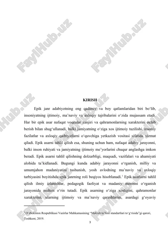 insonni keng dunyoqarashli, madaniyatlararo muloqotga tayyor shaxs sifatida shakllantiradi. shu jihatlar epik asarni tahlil qilishni nafaqat adabiy bilimlarni oshirish, balki shaxsiy, ijtimoiy va ma’naviy rivojlanish uchun ham dolzarb qiladi. bugungi tezkor va global hayot sharoitida o‘z tarixini, milliy qadriyatlarini va insoniy fazilatlarni anglash qobiliyati yanada muhim ahamiyat kasb etmoqda. mavzuning ahamiyati epik asarni tahlil qilishning ahamiyati nafaqat adabiyotshunoslik sohasida, balki shaxsiy va ijtimoiy rivojlanishda ham katta rol o‘ynaydi. avvalo, bunday tahlil o‘quvchiga asarning syujeti, qahramonlari va voqealar rivojini chuqurroq tushunishga imkon beradi, bu esa o‘quvchining tafakkurini rivojlantiradi, tanqidiy fikrlash qobiliyatini shakllantiradi va voqealarni sabab-natija munosabatida baholashga o‘rgatadi. epik asarlar ko‘pincha insoniy fazilatlar, axloqiy qadriyatlar va ijtimoiy masalalarni yoritadi, shuning uchun ularni tahlil qilish orqali o‘quvchi axloqiy qarorlar qabul qilishni, to‘g‘ri va noto‘g‘rini ajratishni o‘rganadi. epik asarlar tarixiy va madaniy merosning muhim qismi bo‘lib, ularni o‘rganish orqali o‘quvchi o‘z xalqining tarixini, urf-odatlarini, qadriyat va an’analarini chuqurroq anglaydi, shuningdek boshqa xalqlar madaniyati …