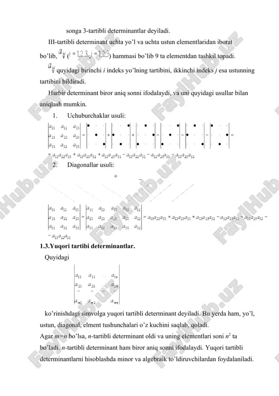ustida amallar. ta’rif: m × n o’lchamli matritsa deb, aij, , sonlardan tuzilgan m ta satr, n ta ustunli quyidagi: (1) a= yoki a= jadvalga aytiladi. a matrisani qisqacha a=||aij|| ; ham yozish mumkin. aij larga matrisaning elementlari deyiladi. agar m × n bo’lsa, (1) ga to’g’ri burchakli yoki o’rta matritsa deyiladi. agar m=n bo’lsa, (1) ga kvadrat matritsa deyilib, uning o’lchami n × n bo’ladi. yo’l matritsa - kvadrat matritsa -ustun matritsa - matritsa faqat jadval bo’lib, u biror sonni ifodalamaydi. matritsaga katta, kichik degan tushuncha bo’lmaydi. matritsalar odatda lotin alifbosining katta harflari bilan belgilanadi. kvadrat matritsalar uchun uning elementlaridan tuzilgan determinant quyidagicha bo’ladi. a=, det a=|a|= barcha elementlari nol bo’lgan matritsa nol matritsa deyiladi. bosh diagonal elementlaridan boshqa hamma elementlari nol bo’lgan kvadrat matritsaga diagonal matritsa deyiladi. bosh diagonal elemenlari bir bo’lib, boshqa barcha matitsa elementlari 0 bo’lgan kvadrat matritsaga birlik matritsa deiladi va u odatda e harfi …
