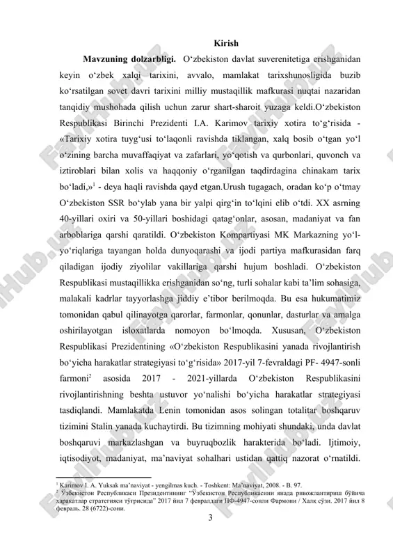 rilgan va yana ko‘plab ilmiy maqolalar va dissertatsiyalardan ham foydalanildi. ushbu mavzu tarixchilar tomonidan turli burchaklardan tadqiq etilgan. xususan, eshov b.j. va odilov a.a.ning “o‘zbekiston tarixi” asarida sovet davridagi siyosiy qatag‘onlar haqida umumiy tahlillar mavjud. r.shamsutdinovning “qishloq fojeasi: jamoalashtirish, quloqlashtirish, surgun” kitobida esa qatag‘on qurbonlari, ayniqsa dehqonlar va ziyolilarga nisbatan qilingan zulm yoritilgan. [3: d. alimova “turkestan v nachale xx veka: k istorii istokov natsionalnoy nezavisimosti”., t.: “sharq”., 2000. b.641.] bevosita ushbu kurs ishining mavzusiga, ya’ni 1950-yillarda o‘zbekistonda ziyolilarning qatag‘on qilinishi masalasiga bag‘ishlangan asarlar orasida n.komilovning “ziyolilar fojiasi”, sultonov a.ning “qatag‘on va ozodlik”, shuningdek, fitrat, cho‘lpon, abdulla qodiriy, munavvar qori kabi ziyolilar hayoti va ijodiga oid monografiyalar va maqolalar alohida o‘rin tutadi. bu asarlarda ushbu davrda ilm, adabiyot va san’at sohasidagi yirik shaxslar qanday nohaqlik va tazyiqlarga uchragani, ularning qatag‘on qilinishi sabablari va oqibatlari chuqur yoritilgan. kurs ishining maqsadi. kurs ishi tadqiqotining asosiy maqsadi sobiq ittifoq davrida o’zbekistonda olib borilgan …