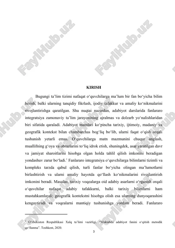 ish va ijodiy salohiyatini rivojlantirish jihatidan juda dolzarb va zarur hisoblanadi. kurs ishining ahamiyati adabiyot darslarida fanlararo integratsiyaning ahamiyati juda katta va ko‘p qirralidir. avvalo, u o‘quvchilarga badiiy asarlarni chuqurroq tushunish imkonini beradi, chunki matn faqat o‘z ichidagi voqealar bilan emas, balki tarixiy, geografik va madaniy kontekst bilan bog‘liq tarzda o‘rganiladi. o‘quvchilar matn mazmunini kengroq qamrab olib, voqelikni aniqroq anglaydi. fanlararo integratsiya shuningdek, bilimlarni mustahkamlash va ularni amaliy kontekstda qo‘llashga yordam beradi. masalan, tarixiy voqealar yoki geografik muhit bilan bog‘liq adabiy matnlarni o‘rganish o‘quvchilarga nafaqat adabiy, balki tarixiy va geografik bilimlarni ham uyg‘unlashtirish ko‘nikmasini shakllantiradi. fanlararo yondashuv o‘quvchilarda tanqidiy fikrlash, muammolarni tahlil qilish va ijodiy yechimlar topish qobiliyatini rivojlantiradi, chunki ular biror mavzuni turli fanlar nuqtai nazaridan tahlil qilishga o‘rganadi. shu tariqa, adabiyot darslarida fanlararo integratsiyadan foydalanish nafaqat bilimni chuqurlashtiradi, balki o‘quvchilarning dunyoqarashini kengaytiradi, ijodiy salohiyatini rivojlantiradi va zamonaviy ta’lim talablariga moslashgan malakalarni shakllantiradi. fanlararo integratsiya adabiyot darslarining samaradorligini oshiradi, …