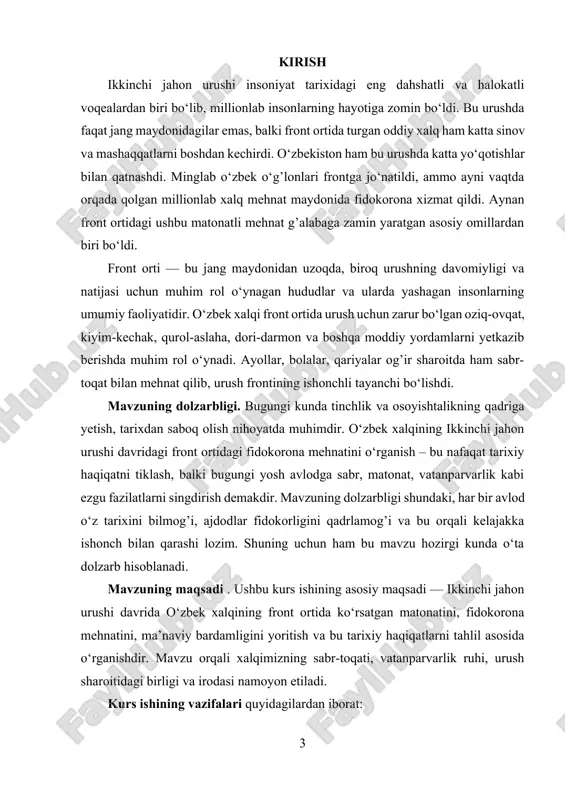 , vatanparvarlik kabi fazilatlarning jamiyatdagi o‘rni va bugungi avlod uchun beradigan saboqlaridir. ushbu kurs ishida aynan o‘zbek xalqining front ortida ko‘rsatgan irodasi va hissasi tarixiy faktlar, guvohlar xotiralari, adabiy manbalar va ilmiy tadqiqotlar asosida yoritiladi. mavzuning o‘rganilganlik darajasi. o‘zbek xalqining ikkinchi jahon urushidagi va ayniqsa front ortidagi matonatli faoliyati mustaqillik yillaridan boshlab tobora chuqurroq o‘rganila boshladi. bu borada tarixchilar, adabiyotshunoslar va jurnalistlar tomonidan turli ilmiy tadqiqotlar, maqolalar, xotira kitoblari va hujjatli filmlar yaratildi. xususan, o‘zbekiston fanlar akademiyasi olimlari tomonidan urush yillaridagi xalq xo‘jaligi holati, ayollar va yoshlarning mehnati, madaniyat va san’at sohasining rivoji yuzasidan tadqiqotlar olib borilgan. shuningdek, “ikkinchi jahon urushi va o‘zbekiston” mavzusida ilmiy konferensiyalar o‘tkazilgan, front orti hayotini aks ettiruvchi arxiv materiallari nashr etilgan. ammo shunga qaramay, aynan xalqning kundalik hayoti, mehnatdagi fidoyiligi, ma’naviy bardamligi va vatanparvarlik ruhi chuqur tahlil etilishi kerak bo‘lgan dolzarb mavzulardan biri bo‘lib qolmoqda. shu sababli ushbu kurs ishi orqali mavzuning yangi jihatlarini o‘rganish …