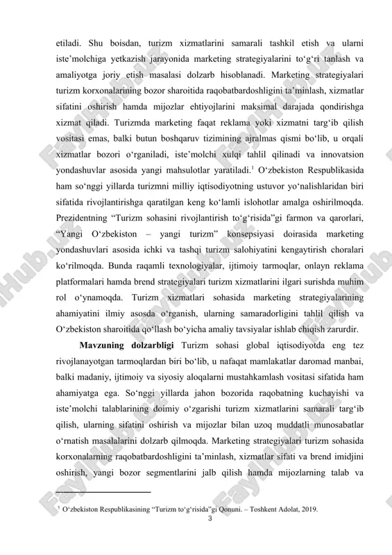 urizm xizmatlari sohasida marketing strategiyalarining samaradorligini ilmiy asosda o‘rganish, ularni tatbiq etish mexanizmlarini aniqlash va o‘zbekiston sharoitida amaliy tavsiyalar ishlab chiqish mavzuning dolzarbligini belgilaydi. kurs ishining ahamiyati turizm xizmatlari sohasida marketing strategiyalarining ahamiyati nafaqat iqtisodiy, balki ijtimoiy, madaniy va siyosiy jihatlarda ham namoyon bo‘ladi. bir tomondan, ular turizm korxonalarining raqobatbardoshligini oshirish, xizmatlar sifatini yaxshilash va mijozlar ehtiyojlarini qondirish imkonini beradi. turizmni samarali targ‘ib qilish orqali mamlakat ichki va tashqi imidjini shakllantirish, turizm salohiyatini kengaytirish va turistik oqimlarni boshqarish imkoniyati yaratiladi. marketing strategiyalari orqali korxonalar bozorni chuqur tahlil qiladi, iste’molchi segmentlarini aniqlaydi, raqobatchilarni o‘rganadi va xizmatlarni innovatsion yondashuvlar asosida takomillashtiradi. bu esa turizm xizmatlarini samarali sotish, daromadni oshirish va barqaror rivojlanishga erishish uchun muhim shart hisoblanadi. raqamli marketing va brending vositalari turizm sohasida xizmatlarni keng auditoriyaga yetkazish, ijtimoiy tarmoqlar orqali mijozlar bilan interaktiv aloqalarni o‘rnatish hamda zamonaviy bozor talablariga tezkor moslashish imkonini beradi. bu jihatdan marketing strategiyalari turizmni rivojlantirishning ajralmas qismiga …