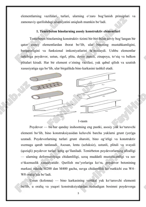 i. temirbeton ustunlar aylana, to‘g‘ri to‘rtburchak yoki i-shaklli kesimga ega bo‘lishi mumkin. ularning ichida joylashtirilgan po‘lat armatura cho‘zilish kuchlariga bardosh beradi. ustunlarning joylashuvi va o‘lchami binoning balandligi, oraliq masofasi va yuk miqdoriga qarab belgilanadi. karkasli binolarda ustunlar orasidagi masofa odatda 6x6 yoki 6x9 metr qilib loyihalanadi. rigel (balka) — ustunlarni bog‘lab turuvchi gorizontal yuk ko‘taruvchi element bo‘lib, qavatlar orasida yuklarni taqsimlaydi. rigellar betonning siqilishdagi, armaturaning esa cho‘zilishdagi mustahkamligidan foydalanadi. ular ko‘pincha orayopma plitalarini tutib turuvchi asosiy tayanch sifatida ishlaydi. rigellar monolit yoki prefabrik (tayyor holatda zavodda quyilgan) bo‘lishi mumkin. temirbeton rigellar bino ramasi mustahkamligini oshiradi va gorizontal deformatsiyalarni kamaytiradi. orayopma (qavat oralig‘i plitasi) — bino ichki konstruksiyasining eng muhim elementlaridan biri bo‘lib, u yuqori va pastki qavatlarni ajratadi. orayopmalar yukni rigel va ustunlarga uzatadi hamda bino qattiqligini ta’minlaydi. ular odatda yassi, nervyuralangan yoki g‘ovak (bo‘shliq) plitalar shaklida ishlab chiqiladi. yassi plitalar qalinligi odatda 12–20 sm bo‘ladi. g‘ovak plitalar esa yengilligi …