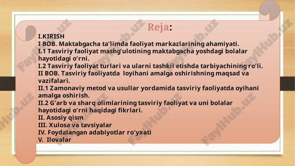 kon" o‘yinlari atrebutlari. til va nutq markazi: didaktik o‘yinlar, tematik mavzuli, katta va kichik formatdagi rasmlar, tasviriy materiallarlar, voqealar ketma-ketligini belgilash uchun rasm seriyalar, turli mezonlarga ko‘ra guruhlash va boshqalar, bolalar kitoblari kutubxonasi, tematik albomlar, topishmoqlar albomlari, magnit harflar to‘plami, "rasmli alifbo" kubiklari. ilm, fan va tabiat markazi: atrof-muhit madaniyati bo‘yicha didaktik materiallarlar, «tabiat va odam» rasmlari va illyustratsiyalari, valiologiya bo‘yicha maketlar, tabiiy materiallarlarning xususiyatlarini o‘rganish uchun materiallarlar, to‘plamlar, tadqiqotlar va tajribalar uchun, bilim to‘plamlari, o‘ynash uchun o‘yin mavzular to‘plamlari - uy va yovvoyi hayvonlar, dengiz hayoti, hasharotlar, qushlar. san’at markazi: tasviriy faoliyat zarur jixozlar, xalq hunardmanchilik mahsulotlari tasvir etilgan albomlar va illyustratsiyalar, dekorativ-amaliy san’at, turli xil xalqlarning hayoti, madaniyati, urf-odat aks ettirilgan rasmlar, bolalar yozuvchisi va o‘zbekiston shoirlari portretlari, tematik rang-barang kitoblar, erkin ijod uchun rasm chizish albomlari. rasm chizish loy ishi applikatsiya qurish yasash rasm chizish: bolalarni tasviriy faoliyatga o'rgatishda asosiy o'rin egallaydi va uchta turni o'z ichiga …