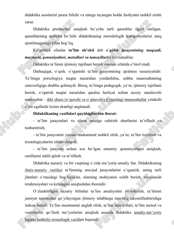 azariy bilimlar ta’lim amaliyotini yo`naltirish, ta’limini jamiyat tomonidan qo`yilayotgan ijtimoiy talablarga muvofiq takomillashtirishga imkon beradi. ta’lim mazmunini anglab olish, ta’lim tamoyillari, ta’lim metod va vositalarini qo`llash me’yorlarini aniqlash asosida didaktika amaliy-me’yoriy hamda tashkiliy-texnologik vazifani bajaradi. 3. didaktikaning asosiy kategoriyalari va didaktik tushunchalar tizimi. muayyan fanga xos bo`lgan tushunchalarda insoniyat tomonidan ijtimoiy taraqqiyot jarayonida to`plangan bilimlar aks etadi. mavjud ilmiy tushunchalar ikki asosiy guruhga ajratiladi: 1. falsafiy tushunchalar; 1. xususiy ilmiy, ya’ni, muayyan fangagina xos bo`lgan tushunchalar. didaktika uchun “umumiy va alohida”, “mohiyati va hodisa”, “qarama-qarshilik”, “bog`liqlik” kabi falsafiy tushunchalar ham muhim ahamiyatga ega. didaktikada qo`llaniladigan umumiy-ilmiy tushunchalar orasida “tizim”, “tuzilma”, “vazifa”, “element” kabilar alohida o`rin tutadi. pedagogikaga xos didaktik tushunchalar sirasiga quyidagilar kiradi: 1) ta’lim - o`quvchilarga nazariy bilimlarni berish asosida ularda amaliy ko`nikma va malakalarni shakllantirish, ularning bilish qobiliyatlarini o`stirish va dunyoqarashlarini tarbiyalashga yo`naltirilgan jarayon; 2) dars – bevosita o`qituvchi rahbarligida muayyan o`quvchilar guruhi bilan olib boriladigan ta’lim jarayonining …