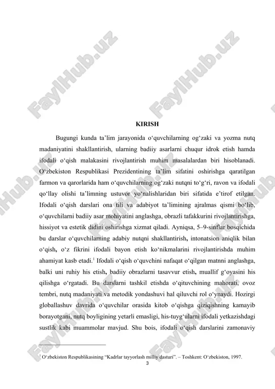shining ahamiyati tayanch sinflarda ifodali o‘qish darslarini samarali tashkil etish o‘quvchilarning nutq, tafakkur va estetik idrok rivojiga bevosita ta’sir ko‘rsatadi. bu darslar orqali o‘quvchilar badiiy asarni nafaqat o‘qiydilar, balki uni his etish, muallif g‘oyasini anglash, qahramonlarning kechinmalarini his qilish kabi murakkab psixologik jarayonlarni ham o‘zlashtiradilar. ifodali o‘qish darslari o‘quvchilarda nutq madaniyatini shakllantirish, adabiy tahlil ko‘nikmalarini rivojlantirish, kitobxonlikka qiziqishni oshirish va o‘z fikrini ta’sirli ifoda etish kabi ko‘nikmalarni rivojlantirishda muhim ahamiyat kasb etadi. bu darslar o‘quvchini ijodiy fikrlashga, estetik zavq olishga, milliy qadriyatlarni anglashga undaydi. ifodali o‘qish jarayonida o‘quvchi tilning ohangdorligi, pauza, urg‘u va intonatsiyani to‘g‘ri qo‘llash orqali so‘zning badiiy kuchini his etadi. shu tariqa, ifodali o‘qish darslari o‘quvchilarda badiiy idrok, tahliliy fikrlash, emotsional sezgirlik va estetik dunyoqarashni shakllantiradi. mavzuning maqsadi tayanch sinflarda (5–9-sinflarda) ifodali o‘qish darslarini samarali tashkil etishning nazariy, metodik va amaliy asoslarini o‘rganish, o‘quvchilarda badiiy matnni anglash va uni ifodali o‘qish malakalarini shakllantirishga qaratilgan ilg‘or tajribalarni tahlil qilish …