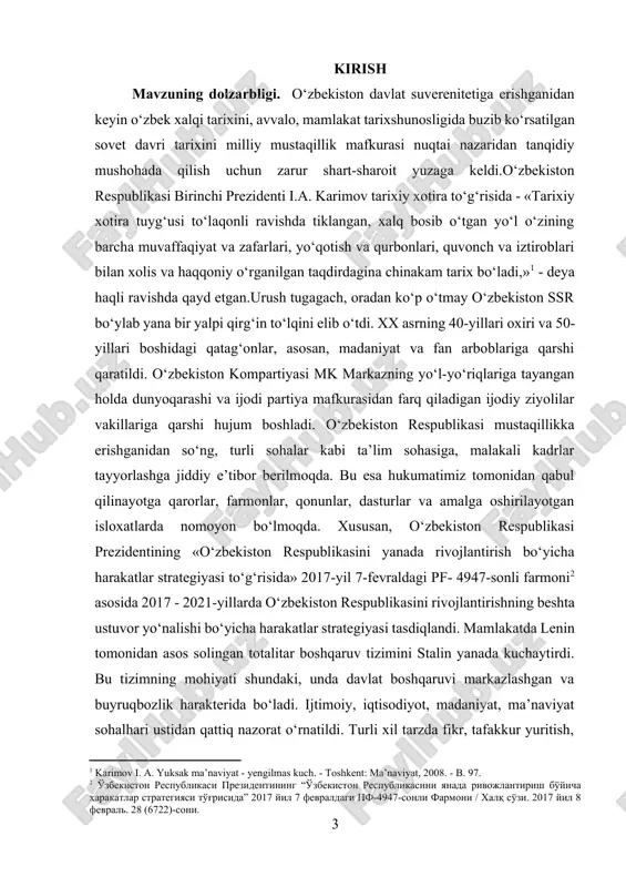 irish, surgun” asarlarida qatag‘on qurbonlari haqida ma’lumotlar keltirilgan va yana ko‘plab ilmiy maqolalar va dissertatsiyalardan ham foydalanildi. ushbu mavzu tarixchilar tomonidan turli burchaklardan tadqiq etilgan. xususan, eshov b.j. va odilov a.a.ning “o‘zbekiston tarixi” asarida sovet davridagi siyosiy qatag‘onlar haqida umumiy tahlillar mavjud. r.shamsutdinovning “qishloq fojeasi: jamoalashtirish, quloqlashtirish, surgun” kitobida esa qatag‘on qurbonlari, ayniqsa dehqonlar va ziyolilarga nisbatan qilingan zulm yoritilgan. [3: d. alimova “turkestan v nachale xx veka: k istorii istokov natsionalnoy nezavisimosti”., t.: “sharq”., 2000. b.641.] bevosita ushbu kurs ishining mavzusiga, ya’ni 1950-yillarda o‘zbekistonda ziyolilarning qatag‘on qilinishi masalasiga bag‘ishlangan asarlar orasida n.komilovning “ziyolilar fojiasi”, sultonov a.ning “qatag‘on va ozodlik”, shuningdek, fitrat, cho‘lpon, abdulla qodiriy, munavvar qori kabi ziyolilar hayoti va ijodiga oid monografiyalar va maqolalar alohida o‘rin tutadi. bu asarlarda ushbu davrda ilm, adabiyot va san’at sohasidagi yirik shaxslar qanday nohaqlik va tazyiqlarga uchragani, ularning qatag‘on qilinishi sabablari va oqibatlari chuqur yoritilgan. kurs ishining maqsadi. kurs ishi tadqiqotining asosiy …