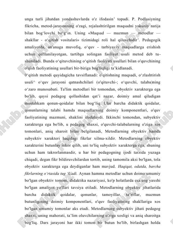 yasi, ko'p holatlarda esa eng yaxshi bo'lgan amaliyot yo'llari tavsiya etiladi. metodlarning obyektiv jihatlarida barcha didaktik qoidalar, qonunlar, tamoyillar, ta’riflar, mazmun butunligining doimiy komponentlari, o'quv faoliyatining shakllariga xos bo'lgan umumiy tomonlar aks etadi. metodlarning subyektiv jihati pedagog shaxsi, uning mahorati, ta’lim oluvchilarning o'ziga xosligi va aniq sharoitga bog'liq. dars jarayoni har ikki tomon bir butun bo'lib, birlashgan holda tashkil etiladi. uning amaliy ifodasi qo'yilgan maqsadga ko' ra eri- shilgan natijada o'z aksini topadi. metodlarning obyektiv jihatini didaktik prinsip nuqtayi nazaridan talqin etish, uning nazariyasini tarbiyalash funksiyasi: o'quv materialini o‘rganish, o‘zlashtirish jarayoniga mustaqil qarash, fikrlash, iroda xususiyatlari, axloqiy, ma’naviy qarashlar- ning shakllanishiga olib keladi. bilim olishga da’vat etish, istak, xohish uyg'otish funksiyasi: metodlar talabalarni bilim olishga da’vat qiluvchi vosita hisoblanadi. asosiy, gohida bilishga qiziqtiruvchi, istak, xohish tug‘diruvchi yagona stimulyator vazifasini bajaradi. nazorat funksiyasi: metodlar yordamida o‘qituvchi o‘quvchi, talabalarning bilimini nazorat qilibgina qolmay, o‘quv jarayoni natijalariga ko‘ra unga zarur o'zgartirishlar kiritadi. dars …