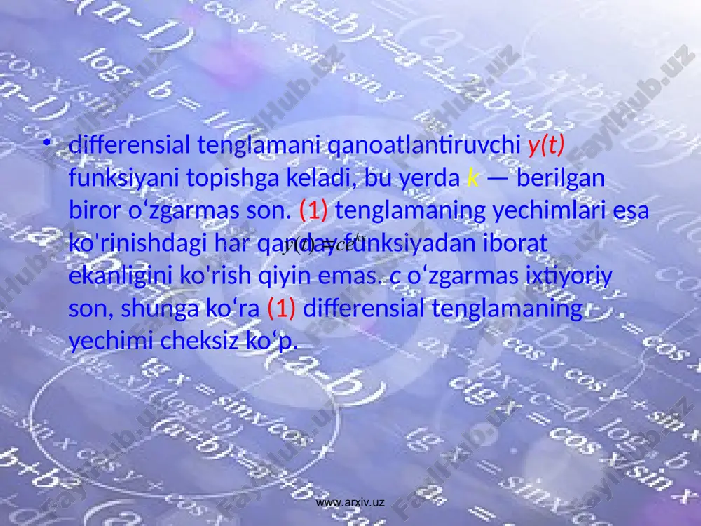 tiv moddaning yarim yemirilish davri deyiladi. agar bizga t ma’lum bo‘lsa, k ni topish mumkin. haqiqatan, t= t da (3)dan ni olamiz. bundan k ning topilgan qiymatini (3) ga qo‘ysak, u quyidagi ko'rinishni oladi: _ masalan, radiy uchun t ≈ 1550 yil. shunga ko‘ra million yildan keyin radiyning boshlang‘ich massasidan qoladi. ko‘pgina amaliy masalalar davriy jarayonlarni o‘rganishga keladi. masalan, niatematik mayatnik yoki torning harakati, o‘zgaruvchan tok, magnit maydon bilan bog'liq bo‘lgan jarayonlar. bunday jarayonlar garmonik tebranishlar deyiladi. www.arxiv.uz www.arxiv.uz garmonik tebranishlar (5) differensial tenglamani yechishga keltiriladi, bu yerda — berilgan musbat son. bu tenglamaning yechimlari (6) ko‘rinishdagi funksiyalardan iborat, a va o‘zgarmas sonlar masalaning shartlari bo‘yicha aniqlanadi. masalan, agar y(t) erkin tebranayotgan tor nuqtasining t momentdagi muvozanat holatidan chetlanishi bo‘isa, u holda y(t) = acos( t + ) bo‘ladi, bu yerda a — tebranish amplitudasi, — chastota, — boshlang‘ich faza. garmonik tebranishlarning grafiklari sinusoida ko‘rinishida bo‘ladi. yuqorida qaralgan misollar mazmunida …