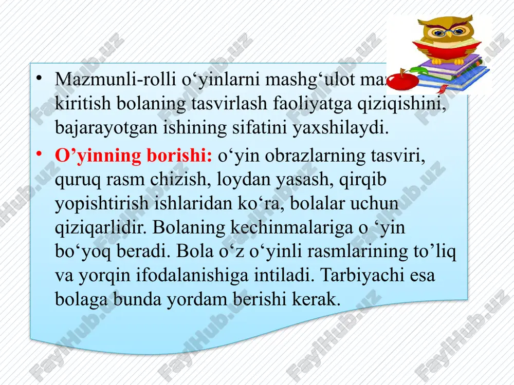 i-izlanuvchan hamda mustaqil ishlari kiradi. y.b.babanskiy tasviriy san’at metodlarini faoliyatning umumiy xarakteriga qarab, 3 guruhga klassifikatsiyalagan: 2-guruh: ta’lim berishning o‘quv faoliyatini stimullashtirish (qiziqtirish va rag‘batlantirish) va motivatsiyalash (maqsadga yo‘naltirish) metodlari. o’qishga bo‘lgan qiziqishini oshirish va motivlashtirish; burch va javobgarlikni stimullashtirish motivlashtirish. 3-guruh: o‘quv faoliyatida nazorat va o‘z-o‘zini nazorat qilish metodlari: — og‘zaki nazorat va o‘z-o‘zini nazorat qilish; — yozma nazorat va o‘z-o‘zini nazorat qilish; — laboratoriya amaliy nazorat va o‘z-o‘zini nazorat qilish; kuzatish metodi tasviriy faoliyatga o‘rgatish tizimining umumiy asosini tashkil qiladi. ko‘rgazmali metod va o‘rgatish usullariga: naturadan, rasm reproduksiyalaridan, namunadan, boshqa ko‘rgazmali qo’llanmalardan foydalanish, alohida predmetlami ko‘rib chiqish, tarbiyachi tomonidan tasviriy usullarini ko‘rsatib berish, bolalarning bajargan ishlarini mashg‘ulot yakunida ko‘rsatish, ularni baholash kiradi. ko‘rgazmali metod va o‘rgatish usullari. naturadan foydalanish - kuzatish asosida predmet yoki ko‘rinishning tasviri tushuniladi. naturadan foydalanib ishlanganda chizayotgan kishining ko‘ziga nisbatan naturaning qay holatda turganini hisobga olgan holda ma’lum bir nuqtayi nazardan turib, predmet ko‘rinishi …