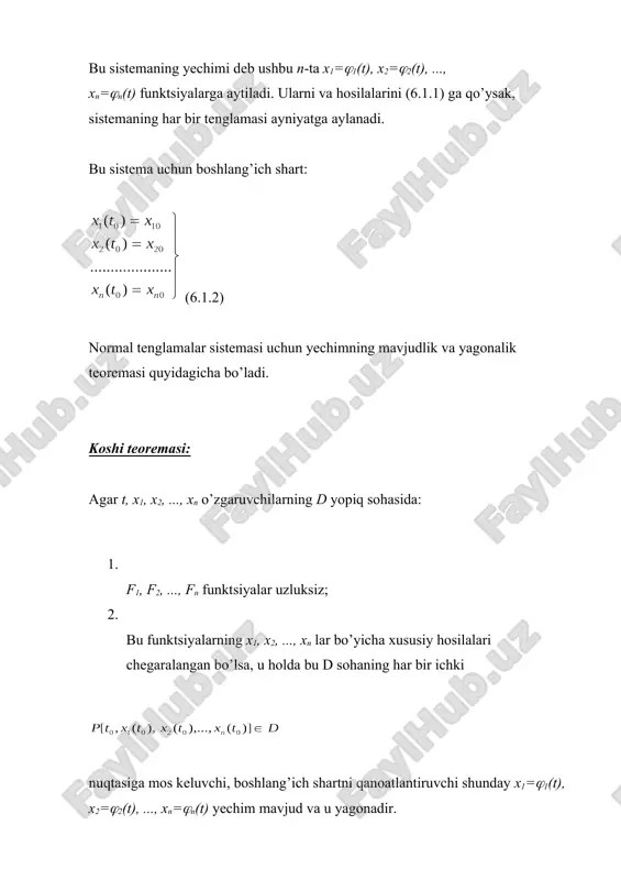 n nuqtaning harakat tenglamasi: nyuton qonuniga ko’ra mx'' (t)=-kx(t) yoki x''+a2x=0. (a) bu uerda t- vaqt, k-rrororsionallik koeffitsiyenti. bu diffirensial tenglamani differensial tenglamalar sistemasi ko’rinishida yozish ham mumkin. x=y deb olsak, ushbu sistema hosil bo’ladi. buning uchun (b) § 6.2. o’zgarmas koeffitsiyentli chiziqli differensial tenglamalarning normal sistemasi o’zgangan koeffisiyentlkarni chiziqli differensial tenglamalar sistemasi quyidagi ko’rinishga ega: (6.2.1) bu uerda - haqiqiy sonlar bo’lib, tenglamalarning koeffitsiyentlari, uzluksiz funktsiyalardir. agar bo’lganda, (6.2.1) bir jinslimas, bo’lsa bir jinsli tenglamalar sistema deb ataladi. bu sistemani uechishning ayrim usullarini qaraymiz. 1. noma’lumlarni kamaytirish: bu usul tenglamalar sistemasini n-tartibli bitta funktsiyali tenglamaga keltiradi. buning uchun, masalan, (6.2.1) dagi birinchi tenglamani t rarametr bo’yicha differensiallaymiz.. u holda (6.2.1) dan foydalanib bu ifodani ushbu ko’rinishda yozamiz: yoki ayrim ixchamlashlardan keyin: bu ifodada bu ifodaning ikkala qismini yana bir marta differensiallab hosilalar o’rniga (6.2.1) dan ifodasini qo’yib chiqsak: shunday qilib (n-1) marta differensiallagandan keyin ushbu sistema hosil bo’ladi: image5.gif …