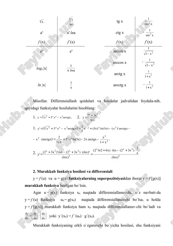 (dy) – ikkinchi tartibli differensial; d3y = d(d2y) – uchinchi tartibli differensial; . . . . . . . . . . . . . . . . . . . . . . . . . . . . dny = d(dn -1y) - n-tartibli differensial. agar y = f (u) funksiya berilgan bo`lib, u erkli o`zgaruvchi yoki x ning chiziqli u = kx + b funksiyasidan iborat bo`lsa, u holda: d2y = y(((du)2, d3y = y(3)(du)3, . . . , dny = y(n)(du)n. agarda y = f (x) funksiyada u = g(x) ≠ kx + b bo`lsa, u holda yuqori tartibli differensiallar uchun invariantlik xossasi o`rinli bo`lmaydi, chunki d2y = f (((u) · (du)2 + f ((u) · d2u va hokazo. 4. teskari funksiya hosilalari y = f (x) funksiya (a; b) intervalda differensiallanuvchi bo`lib, shu intervalda uzluksiz x = g(y) teskari funksiyaga ega va y((x) ≠ 0 …