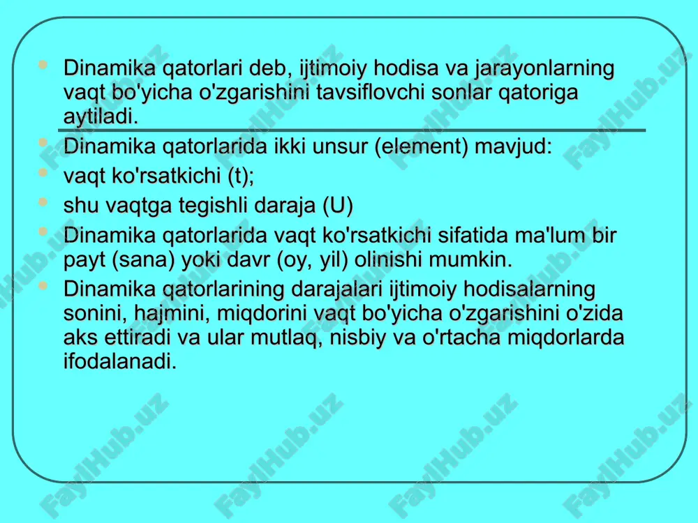qonuniyatlarini o'rganish quyidagi yo'nalishlarda amalga oshiriladi: vaqt bo'yicha rivojlanish darajasini baholash; statistik ko'rsatkichlar tizimi vositasida o'rganilayotgan hodisaning dinamikasini o'lchash; rivojlanishning asosiy tendentsiyalarini aniqlash va miqdoriy baholash; davriy tebranishlarni o'rganish; bashoratlash va ekstrapolyatsiya qilish. dinamika qatorlarini tahlil qilish ko'rsatkichlari o'rganilayotgan hodisa va jarayonlarning dinamikasini miqdoriy tomondan baholashda quyidagi statistik ko'rsatkichlar qo'llaniladi: mutlaq qo'shimcha o'zgarish; o'zgarish sur'ati, qo'shimcha o'zgarish sur'ati; bir foiz o'zgarishning mutlaq mohiyati. dinamika qatorlari ko'rsatkichlarini hisoblash ikkita davr darajasini taqqoslash natijasida olinadi. odatda, taqqoslanadigan daraja sifatida qatorning birinchi yoki oldingi yil darajasi qabul qilinadi. taqqoslanish usuliga qarab, bu ko'rsatkichlar o'zgaruvchan va o'zgarmas bazali ko'rsatkichlarga bo'linadi. ularni bazisli va zanjirsimon ko'rsatkichlar ham deb atashadi. bazisli deyilishiga sabab qatorning barcha hadlari baza deb qabul qilingan bitta had bilan taqqoslanadi. zanjirsimonda esa har bir taqqoslashda taqqoslash bazasi o'zgarib boradi. dinamika qatorlarini qayta ishlash usullari dinamika qatorlaridagi mavjud tendentsiyalarni aniqlash va baholash statistikaning muhim vazifalaridan biridir. asosiy tendentsiyalarni o'rganish jarayonida o'zaro bog'langan ikkita …