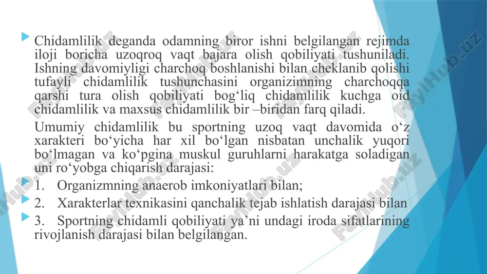 ng oksidlanish bilan bog‘lik bo‘lgan laktat funksiyasini bir-biridan farq qilinadi. shu munosabat bilan tezlik bo‘yicha chidamlilik turlarini shartli ravishda ikki qismiga “alaktat” va” laktat” degan qismlarga bo‘linadi. sportchilarda tezlik soxasidagi “aloktat”chidamlilikni rivojlantirish uchun ko‘proq yen yuqori intensivlik maksimal darajasining 84-98 darajadagi nagruzkalardan foydalniladi. statik kuch – g‘ayrat chidamlilik ko‘p jixatdan muskullarning maksimal darajada infouent-foizlarda ifoda etilgan muskullarining zo‘riqish kuchiga bog‘lik bo‘ladi. protsent bilan foydalangan ko‘rsatkichi qanchalik kam bo‘lsa muskullarning maksimal kuchiga nisbatan kuch g’ayratining chidalilik yuqori bo’ladi. mana shu qonuniyatni sprotchilar bilan o’tkaziladigan mashg’ulotlar jarayonida hamda og’ir yuk ko’tarib bajariladigan maxsus mashqlar bilan shug’ullanayotgan vaqtda hisobga olish kerkak. muskullarning maksimal kuchi bilan ularning statik chidamliligi o‘rtasida bevosita aloqa yo‘q maksimal kuch oshirilgan vaqtda masalan bel muskullari va statik chidamlilik darajasi odatda unchalik ko‘p o’zgarmaydi. yosh kattalashib borgan sayin kuch chidamlilikning statik kuch – g’ayratga bo‘lgan nisbati ortib boradi. maxsus chidamlilik – bu sportchilar maxsus bir nagruzkali topshiriqni uni ixtisoslashtirishga ajratilgan …