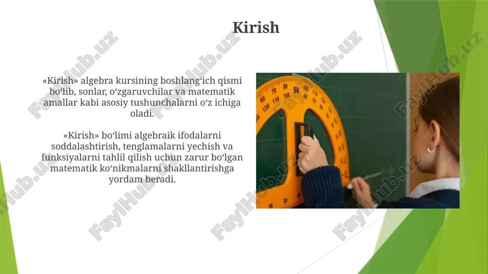 x² kabi kvadrat funksiyaning asosiy xususiyatlari bilan tanishadilar, jumladan parabolaning shakli, simmetriya o'qi va uchqun nuqtasi (minimum yoki maximum). matnli masalalar matnli masalalarni yechish 7-9 sinflarda o'quvchilarga tenglamalar tuzish va ularni amaliy muammolarni hal qilishda qo'llash ko'nikmalarini shakllantirishga yordam beradi. algebra kursida matnli masalalar, masalan, harakatga doir masalalar, ishga doir masalalar, foizga doir masalalar kabi turlarga bo'linadi va o'ziga xos yechish usullariga ega. matematik modellashtirish matematik modellashtirish, 7-9 sinflarda, real hayot muammolarini tenglama, funksiya va grafiklar orqali ifodalashni o'rgatadi, bu esa o'quvchilarning analitik fikrlash qobiliyatini oshiradi. algebra darslarida matematik modellashtirish, masalan, proporsiyalar (a/b = c/d) va foizlarni qo'llash orqali narxlar o'zgarishini, masofani, vaqtni va tezlikni modellashtirishga yordam beradi. algebra o'qitish metodlari algebraik masalalarni yechishda didaktik o'yinlardan foydalanish o'quvchilarning qiziqishini oshiradi, 7-9 sinflarda mavzuni 20% ga yaxshiroq o'zlashtirishga yordam beradi. guruhli o'qitish usullari algebra darslarida muhimdir; bu yondashuv 80% o'quvchilarga hamkorlikda tenglamalarni yechish orqali tushunish imkonini beradi. baholash usullari 7-9-sinflarda algebra …