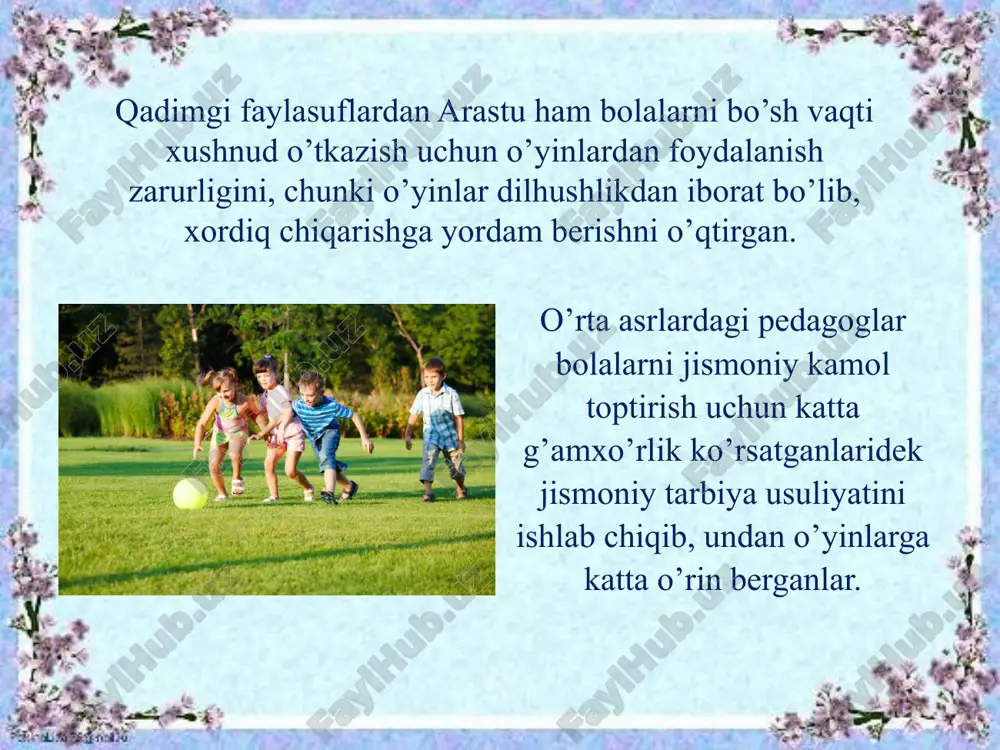 iy, aqliy, irodaviy xislatlarini rivojlantirishga ijobiy ta’sir etadi. o’yin davomida bolalar yuradilar, sakraydilar, yuguradilar, o’rmalaydilar, biror bir buyumni irg’itadilar, natijada ularning mushaklari va sezgi organlari rivojlanadi, organizmni hayot faoliyati yanada oshadi. o’yinda bolalarning irodasi, o’z harakatlarini o’yin qoidalariga bo’ysundira olish ko’nikmasi shakllanadi, u o’zini qo’pol hatti - harakatlardan tiyadi, zarur bo’lganda chaqqon harakat qilishga (yashirinish, yugurish, tutib olish, tez fikrlash, og’ir ahvoldan qutilib ketish chorasini topishga) o’rgatadi. o’yinlar shug’ullanuvchilarni aniq psixologik streotipi shakllanishining o’ziga xos modelidir, harakat malakalarini shakllanishiga, harakat tayyorgarlik darajasi va harakat sifatlari rivojlanishining kutarilishiga imkon beradi. o’yinning tushunchasi juda keng, yosh bolaning oddiy harakatidan, to sport faoliyati harakati takomillashigacha har xil xodisalarni qamrab oladi. o’yinlar insoniyatning eng birinchi rivojlanish bosqichida hayot malakalari harakat sifatlari, harakat malakalarining eng muhim vositasi sifatida rivojlangan. o’yinlarning birinchi rivojlanish bosqichi-insoniyatning mehnati bolalarning tarbiyaviy va sog’lomlashtirish masalalari bilan bog’liq. ular har xil maqsad bilan o’tkaziladi: elementar harakat malakalarini shakllantirish, maktabgacha bo’lgan bolalarda qiyin …