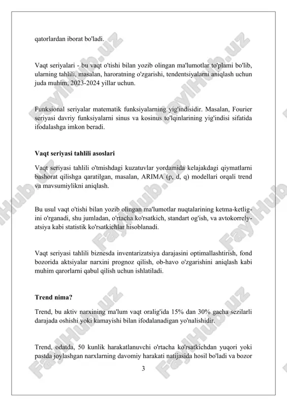 eladigan tenglamani aniqlaydi, masalan, 10 yillik sotuvlar tendentsiyasini aniqlash. regressiya modellari r-kvadrat qiymati orqali baholanadi, bu modelning ma'lumotlarga qanchalik yaxshi mos kelishini ko'rsatadi. 0.85 r-kvadrat yuqori moslikni bildiradi. ko'p regressiya tahlili bir nechta mustaqil o'zgaruvchilarning bog'liq o'zgaruvchiga ta'sirini o'lchaydi, masalan, marketing xarajatlari va narxning sotuvga ta'siri. mavsumiy o'zgarishlar va ularni bartaraf etish mavsumiy o'zgarishlarni bartaraf etish uchun 12 oylik harakatli o'rtachalar qo'llaniladi, bu esa vaqt seriyasidan mavsumiy tebranishlarni olib tashlashga yordam beradi. mavsumiylikni yo'qotish uchun indekslash usuli qo'llaniladi. bunda har bir davr uchun mavsumiylik indeksi hisoblanib, ma'lumotlar shunga mos ravishda tuzatiladi. mavsumiylikni bartaraf etishda regressiya tahlili ham qo'llanilishi mumkin. bu usul mavsumiy komponentlarni aniqlab, ma'lumotlardan olib tashlaydi. siklik o'zgarishlar siklik o'zgarishlar, masalan, biznes sikllari, iqtisodiyotda taxminan 2 yildan 10 yilgacha davom etadigan kengayish va qisqarish davrlarini aks ettiradi. bu davrlar ish bilan ta'minlash, ishlab chiqarish va daromadlarga ta'sir qiladi. uy-joy bozoridagi siklik o'zgarishlar odatda foiz stavkalari, demografiya va iste'molchilar ishonchi …