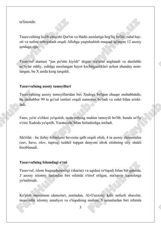 oz chiqarmasdan, ichki zikr qilish usuli qo‘llaniladi. yassaviya tariqati yassaviya tariqati ahmad yassaviyning taʼlimotiga asoslangan boʻlib, xii asrda turkistonda shakllangan. tariqatning asosiy maqsadi - allohga muhabbat va unga yaqinlashishdir. tariqatda zikrning 3 ta asosiy turi mavjud: jafriy zikr, xufiy zikr va sultoniy zikr. bu usullar orqali muridlar maʼnaviy kamolotga erishadilar. yassaviya tariqati oʻrta osiyo xalqlarining madaniy merosiga katta taʼsir koʻrsatgan. tariqat vakillari tomonidan koʻplab madrasalar va xonaqohlar qurilgan. tasavvuf adabiyoti tasavvuf adabiyotida 'ishq' tushunchasi allohga boʻlgan muhabbatni ifodalaydi, insoniy sevgidan farqli oʻlaroq, 7 bosqichli maʼnaviy yuksalish orqali ilohiylikka erishish yoʻlidir. tasavvuf adabiyotining asosiy janrlaridan biri 'doston' boʻlib, unda 12 ming baytdan ortiq sheʼrlar orqali maʼnaviy hikoyalar, soʻfiylarning hayoti va taʼlimotlari bayon etiladi. tasavvuf adabiyotida 'maqomat' tushunchasi soʻfiyning maʼnaviy sayohatidagi 4 asosiy bosqichni (shariat, tariqat, haqiqat, maʼrifat) aks ettiruvchi murakkab tizimdir. tasavvuf musiqasi va san'ati tasavvuf musiqasi o'zida 7 dan 12 gacha bo'lgan turli xil cholg'u asboblarini, masalan, nay, doira, va …