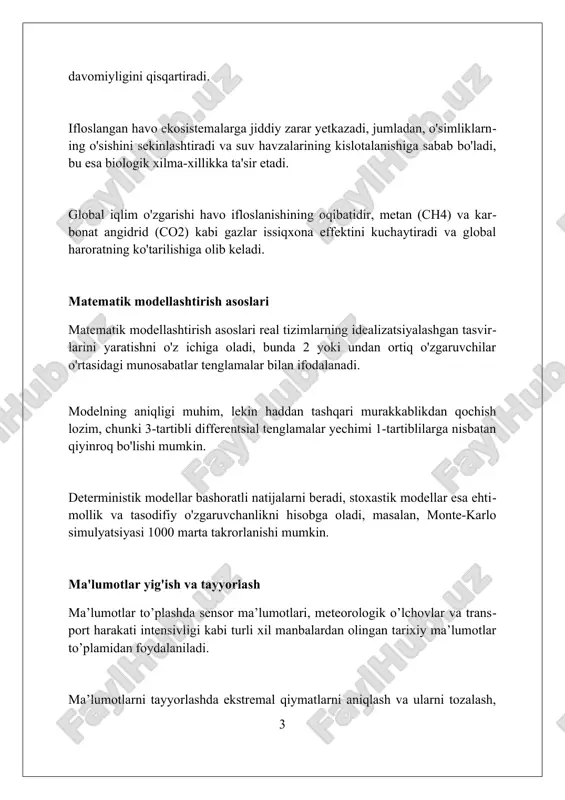 ir. mashina o'rganish algoritmlari mashina o'rganishning regressiya algoritmlari, masalan, chiziqli regressiya, havo ifloslanishi darajasini aniqlashda, o'tmishdagi ma'lumotlar asosida, ifloslantiruvchi moddalarning kelajakdagi kontsentratsiyasini bashorat qiladi. klassifikatsiya algoritmlari, masalan, qaror daraxtlari, havo sifatini yaxshi, o'rtacha yoki yomon kabi toifalarga ajratish uchun ishlatiladi va bu esa qulaylik uchun oddiy tasnifni beradi. klasterlash algoritmlari, masalan, k-o'rtachalar, havo ifloslanishi xususiyatlari o'xshash bo'lgan hududlarni aniqlashga yordam beradi, bu esa maqsadli aralashuv strategiyalarini ishlab chiqish uchun muhimdir. modelni tanlash va baholash model tanlashda aic va bic kabi mezonlardan foydalanish muhim, ularning past qiymatlari yaxshi muvozanatni ko'rsatadi: moslik va murakkablikni optimallashtiradi. model baholashida o'lchovlar, masalan, mae (o'rtacha mutlaq xatolik) va rmse (ildiz o'rtacha kvadrat xatolik) natijalarni son jihatidan aniqlashga yordam beradi. kross-validatsiya - muhim baholash usuli bo'lib, ma'lumotlar to'plamini turli qismlarga bo'lib, modelning barqaror va ishonchli ekanligini tasdiqlaydi. prognozlash usullari prognozlash usullari atmosfera ifloslanishini baholash uchun statistik modellar (masalan, ko'p regressiya) dan foydalanadi, o'tmishdagi ma'lumotlar asosida kelajakdagi ifloslanish …