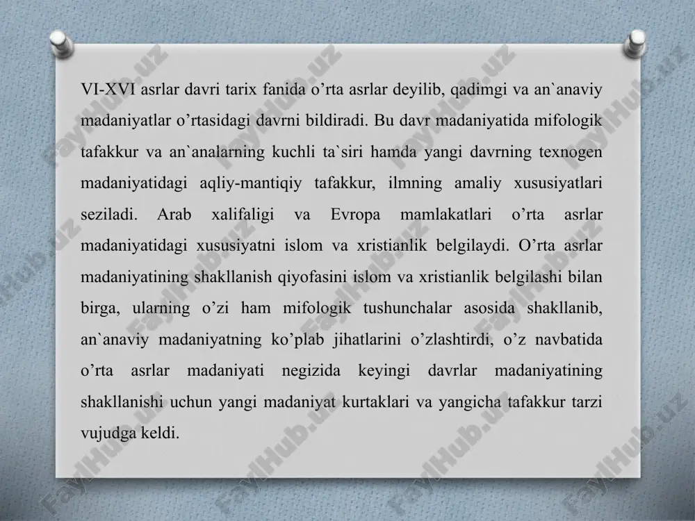 qilmaslik kabilar mavjud. diniy madaniyat ko’p mazmunlidir, negaki uning asosida turli xalqlarning madaniyat merosi mavjud: arab, turk, german, slavyan xalqlarining ibtidoiy (arxaik) madaniyati; antik meros va qadimgi sharq sivilizatsiyasi meroslarini tanlash va ijodiy qayta ishlab o’zlashtirgan. bundan tashqari g’arb va sharqning o’rta asrlar madaniyati tarixning ming yillar davomida doimo muloqot va akkul`turatsiya jarayonini kechirdi, bunda salb yurishlari davri juda shiddatli kechdi (xi-xiii asrlar). diniy madaniyatning ko’p qirraligi uning tarkibida ko’plab submadaniyatlarning mavjudligidir: xalqona (qishloq madaniyati), shahar, dunyoviy, monastir va so’fiylik madaniyatlari. shuningdek, din o’sha davrdagi madaniyat va submadaniyatning barcha sohalarini birlashtirib o’z ichiga qamrab oldi. din har xil milliy an`analarga ega bo’lgan turli xalqlarga arablar sharqi va evropada kuchli bir sivilizatsiya yaratishi uchun birlashtiruvchi ibtido bo’ldi. din madaniyatning siyosiy, ijtimoiy, ilmiy, badiiy-barcha sohalariga o’z ta`sirini ko’rsatdi. xristianlik rim imperiyasida eramizni iv asrlarida uning g’arbiy qismi gullagan paytga kelib (er. 476 y.) to’la shakllangan cherkov tizimi va qattiq intizomga asoslangan davlat …