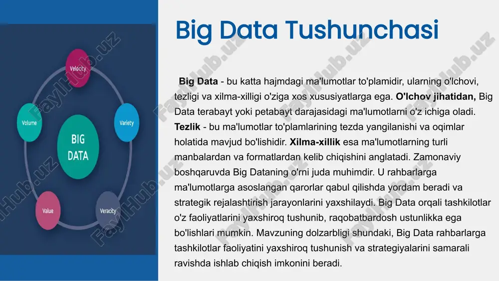 hadi. google: google big data orqali qidiruv natijalarini optimallashtiradi va reklama strategiyalarini shakllantiradi. ularning algoritmlari foydalanuvchilarni kuzatish va ularning qiziqishlariga mos ravishda reklama ko'rsatishga yordam beradi, bu esa reklama daromadlarini oshiradi. netflix: netflix big data orqali foydalanuvchilarni qiziqtirgan kontentni aniqlaydi va shaxsiylashtirilgan takliflar yaratadi. ular foydalanuvchilarning tomosha qilish odatlarini tahlil qilish orqali yangi filmlar va seriallarni tavsiya etish imkoniyatiga ega bo'lishadi, bu esa mijozlar saqlanishini yaxshilaydi. big data va kelajak big data kelajakda boshqaruv qarorlarini qabul qilishda muhim rol o'ynaydi. rivojlanish tendensiyalari, xususan, sun'iy intellekt va mashinani o'rganish, big data'ni yanada samarali va kuchli qilishga yordam beradi. tashkilotlar o'z mijozlari haqida chuqurroq ma'lumotlar tahlil qilib, yangi imkoniyatlarni ochishlari mumkin. ammo, ma'lumotlarning xavfsizligi va maxfiyligi masalalari, shuningdek, ma'lumotlarni noto'g'ri talqin qilish natijasida yuzaga kelishi mumkin bo'lgan xatolar, rahbarlar uchun muhim xavf tug'diradi. kelajakda big data'dan to'g'ri foydalanish, tashkilotlarning raqobatbardoshligini oshirish va innovatsion yechimlarni kiritish imkoniyatini beradi. big data tahlilida qo'llaniladigan usullar …