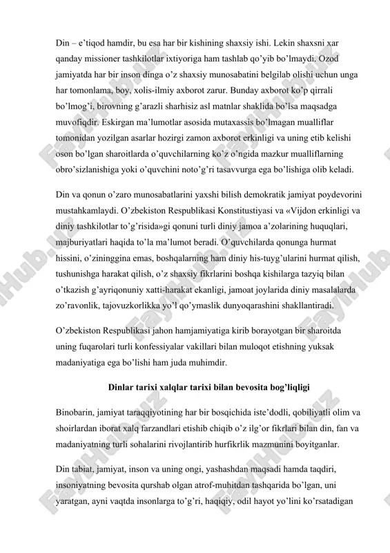 omonlama, boy, xolis-ilmiy axborot zarur. bunday axborot ko’p qirrali bo’lmog’i, birovning g’arazli sharhisiz asl matnlar shaklida bo’lsa maqsadga muvofiqdir. eskirgan ma’lumotlar asosida mutaxassis bo’lmagan mualliflar tomonidan yozilgan asarlar hozirgi zamon axborot erkinligi va uning etib kelishi oson bo’lgan sharoitlarda o’quvchilarning ko’z o’ngida mazkur mualliflarning obro’sizlanishiga yoki o’quvchini noto’g’ri tasavvurga ega bo’lishiga olib keladi. din va qonun o’zaro munosabatlarini yaxshi bilish demokratik jamiyat poydevorini mustahkamlaydi. o’zbekiston respublikasi konstitustiyasi va «vijdon erkinligi va diniy tashkilotlar to’g’risida»gi qonuni turli diniy jamoa a’zolarining huquqlari, majburiyatlari haqida to’la ma’lumot beradi. o’quvchilarda qonunga hurmat hissini, o’zininggina emas, boshqalarning ham diniy his-tuyg’ularini hurmat qilish, tushunishga harakat qilish, o’z shaxsiy fikrlarini boshqa kishilarga tazyiq bilan o’tkazish g’ayriqonuniy xatti-harakat ekanligi, jamoat joylarida diniy masalalarda zo’ravonlik, tajovuzkorlikka yo’l qo’ymaslik dunyoqarashini shakllantiradi. o’zbekiston respublikasi jahon hamjamiyatiga kirib borayotgan bir sharoitda uning fuqarolari turli konfessiyalar vakillari bilan muloqot etishning yuksak madaniyatiga ega bo’lishi ham juda muhimdir. dinlar tarixi xalqlar tarixi bilan bevosita …