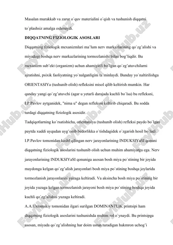 . diqqatning turli ko`rinishlari va mexanizmlarining umumiyligi asosida ularning turli turlari farqlanadi. shaxsning o`z oldiga diqqatni biror ob’ektga qaratishni maqsad qilib qo`yishi va irodaning ishtirokiga ko`ra uch xil diqqat farqlanadi. ixtiyorsiz diqqat. biz diqqatimizni qaratishni maqsad qilib qo`ymagan paytimizda psixik faoliyatning biror ob’ektga yo`naltirilishi va to`planishiga ixtiyorsiz diqqat deyiladi. ko`pincha faoliyatning maroqliligi, qiziqarliligi yoki kutilmaganda favquloddaliligi diqqatni o`ziga tortadi, odamni o`ziga jalb qiladi. ixtiyorsiz diqqatni yuzaga keltiruvchi sabablar. ixtiyorsiz diqqatni yuzaga keltiruvchi sabablar juda xilma-xil va bir-biriga bog’lanib ketgan. biz ularni shartli ravishda bir-biridan ajratamiz va tahlil qilamiz. i. tashqi qo`zg’atuvchining xarakteri bilan bog’liq ravishda yuzaga keladigan ixtiyorsiz diqqatni keltirib chiqaradigan sabablar: 1. bunga dastavval qo`zg’atuvchining kuchi yoki intensivligi kiradi. yetarli darajada kuchli bo`lgan har qanday qo`zg’atuvchi: qattiq ovoz, yorqin nur, kuchli silkinish diqqatimizni beixtiyor o`ziga jalb qiladi. 2. bunda qo`zg’atuvchining absolyut kuchidan ko`ra , nisbiy kuchi muhimroq rol’ o`ynaydi. 3. qo`zg’alishlar o`rtasidagi kontrast ham diqqatni o`ziga beixtiyor tortuvchi sabablardan …