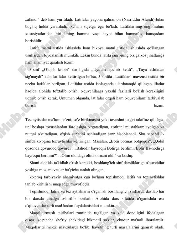 hda esa o'qituvchilar turli usuuardan foydalanishlari mumkin. maqol turmush tajribalari zaminida tug'ilgan va xalq donoligini ifodalagan qisqa, ko'pincha she'riy shakldagi hikmatli so'zlar, chuqur ma'noli iboralardir. maqollar xilma-xil mavzularda bo'lib, hayotning turli masalalarini qamrab oladi. ko'pincha maqol o'git, nasihat xarak-terida boiadi: „yer haydasang — kuz hayda, kuz haydamasang yuz hayda", „hunari yo'q kishining, mazasi yo'q ishining" kabi.maqol xalq og'zaki ijodining juda qadimiy shakllaridan biri bo'lib, unda xilma-xil badiiy ifoda vositalari - ohangdosh tovushlar takrori bo'ladi. katta hayotiy va ijodiy tajribaga ega bo'lgan ajoyib so'z ustalari-ning o'lmas satr va hikmatli so'zlari ham ko'pincha xalq maqollariga o'xshab ketadi. masalan, a.navoiyning „mahbub ul-qulub"da aytgan bir qancha hikmatli so'zlari shular jumlasidandir: „oz-oz o'rganib dono bo'lur, qatra-qatra yig'ilib daryo bo'lur", „tiiga ixtiyorsiz — elga e'tiborsiz" va boshq. ma'lumki, badiiy asar matni ustida ishlash bosqichma-bosqich amalga oshiriladi. maqollarni o'rganishda ham bu bosqichlarga e'tibor qaratish kerak. 1—2-sinflar maqollarni o'rganishning birinchi bosqichi bo'lsa, savod o'rgatish davri maqollarni o'qish va …