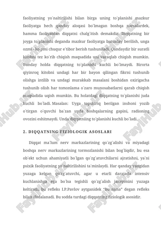 b`ekt favg`ulodda alohida ahamiyat kasb etgan ob`ektlarni idrok qilish bilan bog`liq bo`lishi mumkin. i.p.pavlov tomonidan kashf etilgan nerv jarayonlarining induktsiya qonuni diqqatning fiziologik asoslarini tushunib olish uchun ahamiyatga egadir. mana shu qonunga muvofiq, bosh miya po`stining bir joyida maydonga kelgan qo`zg`alish jarayonlari bosh miya po`stining boshqa joylarida tormozlanish jarayonlarini yuzaga keltiradi. bosh miya po`stining ayrim bir joyida yuzaga kelgan tormozlanish jarayoni bosh miya pustining boshqa joylarida kuchli qo`zg`alish jarayonlarini paydo bo`lishiga olib keladi. ayni shu paytning har bir onida miya po`stida ko`zgalish jarayoni uchun optimal, ya`ni nihoyatda qulaylik bilan harakatlanuvchi biror bir kuchli qo`zg`alish manbai mavjud bo`ladi. “agar bosh suyagiga qarash imkoni bo`lganda, degan edi i.p.pavlov, uning ichidagi miya ko`rinadigan bo`lsa, agar miya yarim sharlarida optimal kuchli qo`zg`alish uchun eng yaxshi sharoit tug`ilgan nuqtasi miltillab ko`rinadigan bo`lsa, yangi sog`lom bir narsani o`ylab turgan odamning miyasiga qaraganimizda uni miyasini katta yarim sharlarida juda g`alati jimjimador shaklli, surati va hajmi har damda …