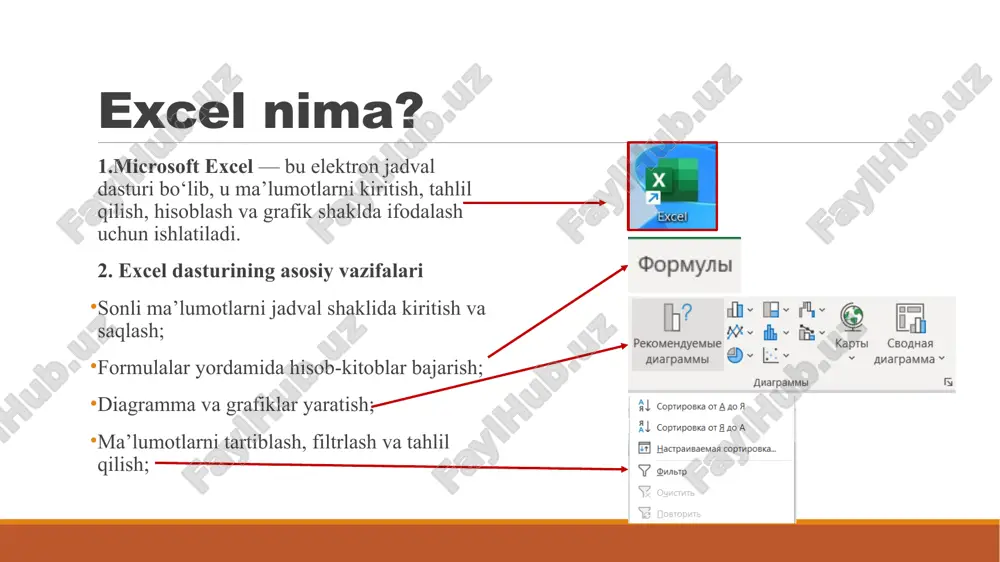 iqlar orqali koʻrsatadi. doiraviy diagramma: maʼlumotlarning umumiy miqdor ichidagi ulushini foizlar orqali koʻrsatish uchun qulay. venn diagrammasi: toʻplamlarni doiralar shaklida tasvirlab, ularning umumiy elementlarini koʻrsatadi. faoliyat diagrammasi: jarayonlarning qismlarga ajralishini va ular orasidagi bogʻlanishni koʻrsatadi. odatda, biznes jarayonlari yoki texnologik jarayonlarni modellashtirishda qoʻllaniladi. diagramma yaratish bosqichlari maʼlumotlarni kiritiladi: jadval kataklariga sarlavhalar va mos keluvchi qiymatlarni yozing. maʼlumotlar oraligʻini belgilanadi: grafik yaratish uchun zarur boʻlgan barcha kataklarni sichqoncha bilan belgilab oling. "vstavka" menyusiga kiriladi: excel-ning yuqori qismidagi menyudan "vstavka" bandini tanlang. "diagrammi" boʻlimidan diagramma turi tanlanadi: stolbchataya : ustunli grafik. lineynaya : chiziqli grafik. krugovaya : doiraviy grafik. va boshqa kerakli diagramma turlari mavjud. diagramma yaratishga misol 1-bosqich: excel jadvalni ma’lumotlar bilan to’ldirib olish mahsulotning sotilishi yillarda o'zgarishi t/r mahsulot turi 2015 2016 2017 2018 2019 2020 2021 2022 2023 2024 2025 1 banan 1600000 1700000 4649000 5830000 5720000 6050000 1600000 1600000 1600000 6380000 6490000 2 uzum 7000000 7010000 7020000 7030000 …