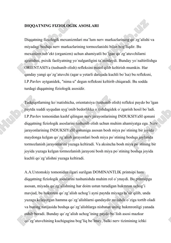 hadir. diqqatning turli ko`rinishlari va mexanizmlarining umumiyligi asosida ularning turli turlari farqlanadi. shaxsning o`z oldiga diqqatni biror ob’ektga qaratishni maqsad qilib qo`yishi va irodaning ishtirokiga ko`ra uch xil diqqat farqlanadi. ixtiyorsiz diqqat. biz diqqatimizni qaratishni maqsad qilib qo`ymagan paytimizda psixik faoliyatning biror ob’ektga yo`naltirilishi va to`planishiga ixtiyorsiz diqqat deyiladi. ko`pincha faoliyatning maroqliligi, qiziqarliligi yoki kutilmaganda favquloddaliligi diqqatni o`ziga tortadi, odamni o`ziga jalb qiladi. ixtiyorsiz diqqatni yuzaga keltiruvchi sabablar. ixtiyorsiz diqqatni yuzaga keltiruvchi sabablar juda xilma-xil va bir-biriga bog’lanib ketgan. biz ularni shartli ravishda bir-biridan ajratamiz va tahlil qilamiz. i. tashqi qo`zg’atuvchining xarakteri bilan bog’liq ravishda yuzaga keladigan ixtiyorsiz diqqatni keltirib chiqaradigan sabablar: 1. bunga dastavval qo`zg’atuvchining kuchi yoki intensivligi kiradi. yetarli darajada kuchli bo`lgan har qanday qo`zg’atuvchi: qattiq ovoz, yorqin nur, kuchli silkinish diqqatimizni beixtiyor o`ziga jalb qiladi. 2. bunda qo`zg’atuvchining absolyut kuchidan ko`ra , nisbiy kuchi muhimroq rol’ o`ynaydi. 3. qo`zg’alishlar o`rtasidagi kontrast ham diqqatni o`ziga beixtiyor tortuvchi sabablardan …