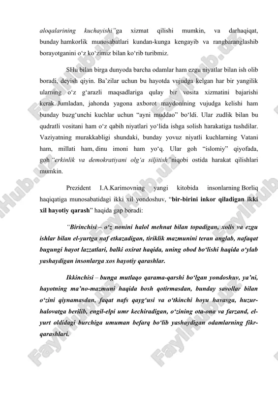 hayotiy qarashlar. ikkinchisi – bunga mutlaqo qarama-qarshi bo‘lgan yondoshuv, ya’ni, hayotning ma’no-mazmuni haqida bosh qotirmasdan, bunday savollar bilan o‘zini qiynamasdan, faqat nafs qayg‘usi va o‘tkinchi hoyu havasga, huzur-halovatga berilib, engil-elpi umr kechiradigan, o‘zining ota-ona va farzand, el-yurt oldidagi burchiga umuman befarq bo‘lib yashaydigan odamlarning fikr-qarashlari. mana shunday ikki xil dunyoqarash asosida paydo bo‘ladigan og‘ir savollar odamzot ongli yashay boshlagan zamonlardan buyon uni o‘ylantirib, qiynab keladi...” shu o‘rinda savol tug‘iladi: befarqlik, loqaydlik bilan yovuzlik orasidagi munosabat qanday? tan olish kerakki, dunyoda son jihatidan olinsa, mutlaq yovuz odamlar juda kamchilikni tashkil qiladi. ular aslida odam ham emas, sunami, to‘fon yoki zilzila kabi “xudoning bir balosi”. shunday ekan, qanday qilib juda ozchilik bo‘lgan bu toifa ba’zan millionlab insonlar ustidan o‘z hukmini yurgiza boshlaydi? ayni yuqorida aytilgan hayotning ma’no-mazmuni haqida bosh qotirishni oshiqcha ish deb biladigan, alloh va bashariyat oldidagi o‘z burchini eslashni ham istamaydigan, faqat nafs qayg‘usi va o‘tkinchi hoyu havasga berilib kun …