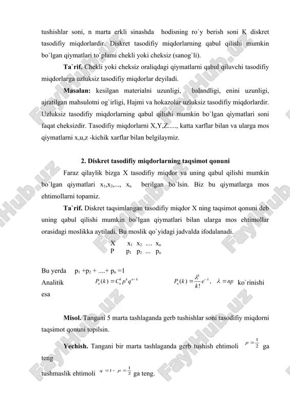 32 1/32 tekshirish: binomial taqsimot. faraz qilaylik n marta erkli sinashlar utkazilgan bo`lib xar bir sinashda xodisaning ro`y berish ehtimoli p va ro`y bermaslik ehtimoli q=1-p bo`lsin. bu erda tasodifiy miqdor k ning qiymatlari k: 0,1,2,...,n bo`ladi. uning taqsimoti bernulli formulasi bilan aniqlanib qo`yidagi jadval ko`rinishda bo`ladi: x=k 0 1 2 … k … n-1 n pn(k) … … nyuton binomini qaraymiz. yuqoridagi taqsimotning mos ehtimollari binomni koeffitsentlari bilan mos tushganligi uchun bu taqsimotga binomial taqsimot deyiladi. yuqoridagi misoldagi taqsimot xam binomial . puasson taqsimoti. puasson taqsimoti analitik ko`rinishi buni jadval ko`rinishi. x=k 0 1 2 3 ...... pn(k) e-( (e-( ..... bu puasson taqsimoti deyiladi. geometrik taqsimot. faraz qilaylik erkli sinashlar o`tkazilgan bo`lib xar bir sinashda a hodisning ro`y berish ehtimoli p (0<p<1) va ro`y bermaslik ehtimoli q=1-p ga teng bo`lsin. tajribani a xodisa ro`y bergangacha davom ettiramiz. agar a xodisa k - sinashda ro`y bersa demak oldingi k-1 …