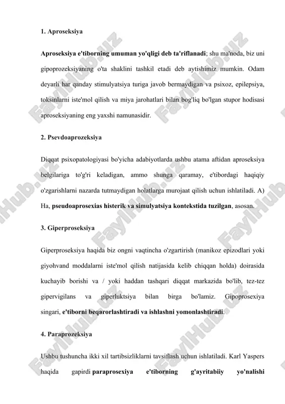 uammolarini keltirib chiqaradi) yoki psixologik, melankolik depressiya va surunkali psixozlarda bo'lgani kabi. 8. diqqat bilan charchash shikastlanishdan keyingi stress buzilishi, og'ir ruhiy tushkunlik, miya shishi va yuqumli kasalliklar yoki neyrodejenerativ kasalliklar, ayniqsa demanslar ko'pincha diqqat funktsiyalarining etishmasligini keltirib chiqaradi. diqqat bilan charchash qobiliyatiga ega odamlar ular umuman charchashni his qilishadi va xotirada muammolar mavjud. 9. befarq e'tiborsizlik biz diqqat apatiyasining namoyon bo'lishini juda xilma-xil sharoitlarda topamiz: kuchli charchoq va uxlash sharoitida, to'yib ovqatlanmaslik, ba'zi psixoaktiv moddalarni suiiste'mol qilish, diffuz neyrodejenerativ kasalliklarda yoki astenik-apatik holatlarda. ba'zi hollarda bu shunchaki mavzu shaxsiga tegishli. 10. ajablanish diqqat psixopatologiyasi sohasida "chalkashlik" atamasi ushbu funktsiyani sifat jihatidan o'zgartirish turini belgilaydi, bu sezilgan stimullarga ma'no bera olmaslik, shuningdek, o'zlarining xatti-harakatlari. garchi bu juda shubhali tushuncha bo'lsa-da, uni alacakaranlık holatlari kabi hodisalarga nisbatan qo'llash mumkin. 11. e'tiborsizlik sindromi chap fazoviy gemineglekt sindromi (yoki shunchaki "beparvolik sindromi") - bu miyaning o'ng yarim sharidagi fokal lezyonlar natijasida paydo bo'ladigan …
