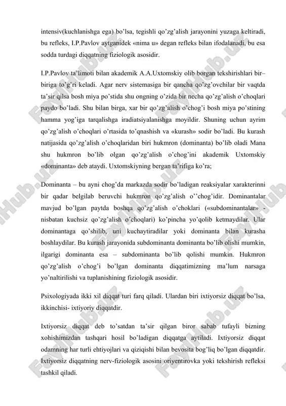 farq qiladi. ulardan biri ixtiyorsiz diqqat bo’lsa, ikkinchisi- ixtiyoriy diqqatdir. ixtiyorsiz diqqat deb to’satdan ta’sir qilgan biror sabab tufayli bizning xohishimizdan tashqari hosil bo’ladigan diqqatga aytiladi. ixtiyorsiz diqqat odamning har turli ehtiyojlari va qiziqishi bilan bevosita bog’liq bo’lgan diqqatdir. ixtiyorsiz diqqatning nerv-fiziologik asosini oriyentirovka yoki tekshirish refleksi tashkil qiladi. ixtiyoriy diqqat deb oldindan belgilangan qat’iy bir maqsad asosida va ongli ravishda diqqatimizni ma’lum narsa hamda hodisalarga qaratilishiga aytiladi. ixtiyoriy diqqatning nerv-fiziologik asosida miya yarim sharlarining po’stida vujulga keladigan optimal qo’zg’alish manbai bilan ikkinchi signallar sistemasining faoliyati yotadi. ixtiyoriy diqqatning yuzaga kelishida nutqning roli g’oyat kattadir. ixtiyoriy diqqat har doim ixtiyorsiz diqqat bilanalmashinib turadi. ixtiyoriy diqqat paytida odam tez charchaydi, chunki ixtiyoriy diqqat odamdan hamma vaqt iroda kuchini sarflashni talab etadi. diqqatning asosiy turlari ixtiyyoriy va ixtiyorsiz diqqatdir. diqqatni bunday turlarga bulish xissiyot yoki irodaning ustunligiga asoslanadi. shu sababli, ba’zan diqqatning bu turlari irodaviy va emotsional diqqat deb xam ataladi. diqqatning …