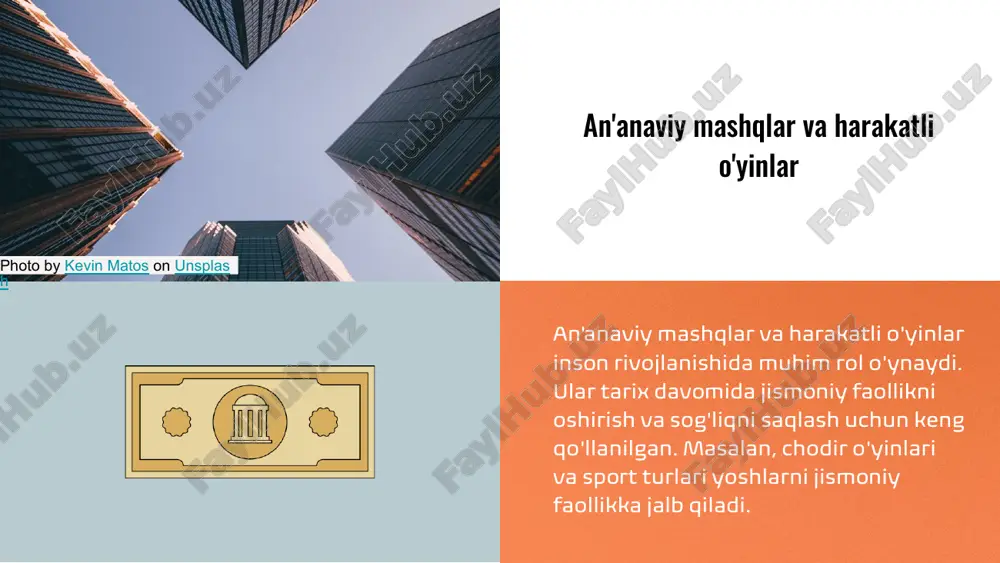 o'yinlar bolalarda ijtimoiy ko'nikmalar va o'z-o'zini boshqarishni rivojlantiradi, bu chaqonlik uchun muhim. o'yinlar va rivojlanish harakatli o'yinlar bolalarning jismoniy va ruhiy rivojlanishini mustahkamlashga yordam beradi. masalan, futbol o'ynash mushaklarni mustahkamlash, muammo hal qilish va jamoaviy ish ko'nikmalarini rivojlantiradi. photo by getty images on unsplash o'yinlar va ijtimoiy ko'nikmalar harakatli o'yinlar bolalarda guruhda ishlash, muloqot, empatiya, muammolarni hal qilish va liderlik kabi ijtimoiy ko'nikmalarni rivojlantiradi. ilmiy tadqiqotlar ko'rsatadiki, ular yordamida bolalar o'zaro hamkorlikni o'rganadilar. photo by marissa grootes on unsplash harakatli o'yinlar bolalarning motivatsiyasini oshiradi va o'z-o'zini anglashga yordam beradi. jamoaviy o'yinlar ijtimoiy ko'nikmalarni rivojlantiradi va muvaffaqiyatga erishish istagini kuchaytiradi. bu bolalarning imkoniyatlarini kengaytiradi va rivojlanishlarini ta'minlaydi. photo by linkedin sales solutions on unsplash o'yinlar va sog'liq harakatli o'yinlar bolalarning jismoniy faoliyatining asosiy qismini tashkil etadi va ularning sog'ligiga to'g'ridan-to'g'ri ta'sir qiladi. ular yurak va nafas olish tizimini mustahkamlash, mushaklar va suyaklarning rivojlanishiga yordam beradi. jismoniy faoliyat va sog'liq o'rtasida kuchli …