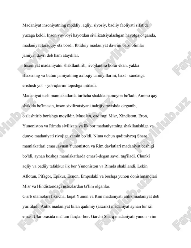 antik madaniyatda san'at, mifologiya, din va boshqa ijtimoiy hodisalar ilk davrda qorishiq holatdagi ko'rinishga ega bo'lib, birinchi marta yaratildi, dunyoning boshqa joylarida bunday madaniyat hali yo'q edi. antik madaniyat degan termin ana shu birinchi marta yaratilgan osori atiqalarga, yozma va og'zaki adabiyotga nisbatan qo'llanadi. soddaroq qilib aytsak, antik davr madaniyatning “tug'ilish“ davri, ya'ni yevropa madaniyatini paydo qilgan davrdir. dunyoning boshqa hududlarida antik davrga oid madaniy yodgorliklar aleksandr makedonskiy yurishlaridan keyin paydo bo'ldi. jumladan, o'rta osiyodagi, xususan, o'zbekiston hududidagi “antik san'at” yoki ellinizm madaniyati degan termin aynan mil. avval. iv–iii asrlardagi yodgorliklarga nisbatan qo'llanmoqda. masalan, yunonistondagi haykaltaroshlikning qadimgi o'zbekiston hududida paydo bo'lgani ana shu tarixiy jarayon bilan bog'lanadi. haykaltaroshlik tasviriy va amaliy san'atni, mifologiyani, fol`klorni, mafkurani ifoda etadi. bu davrda tafakkurda ham o'zgarish yuz berdi. fikrlashda moddiy mavjud narsalarga nisbatan aqlda mavjud narsalar va tushunchalar asosiy o'rin egallay boshlaydi. antik davr odami ham jamiki insoniyatning hayot yo'lini bosib o'tgan. dunyoqarash, tafakkur …